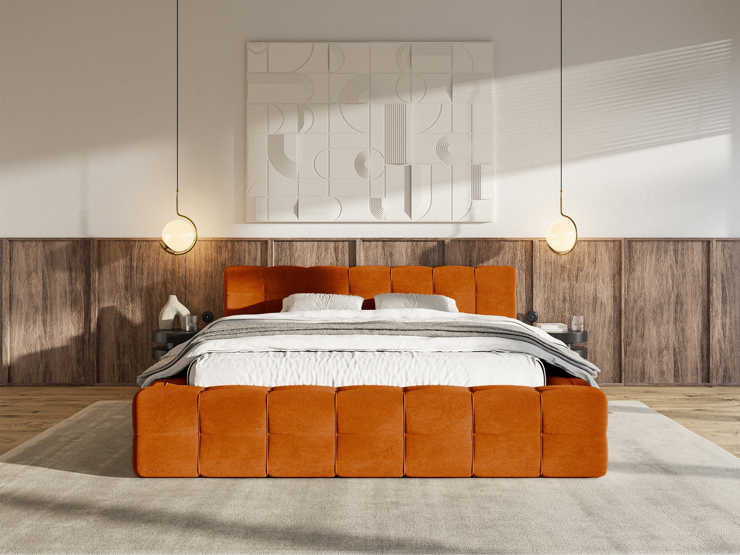 Łóżko tapicerowane Puffly 180x200 cm z pojemnikiem stelaż metalowy miedziany welur