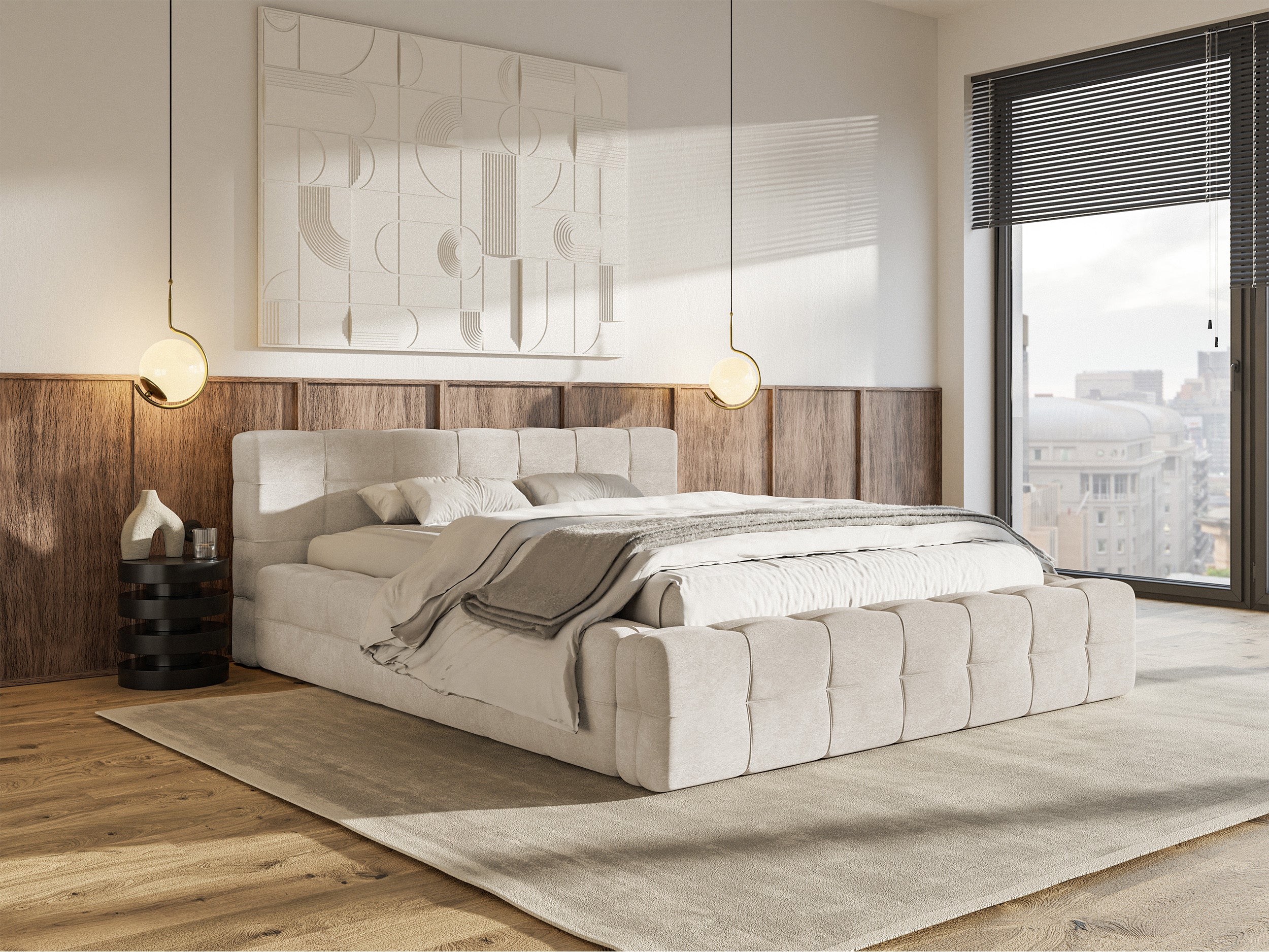 Łóżko tapicerowane Puffly 180x200 cm z pojemnikiem stelaż metalowy szarobeżowy welur