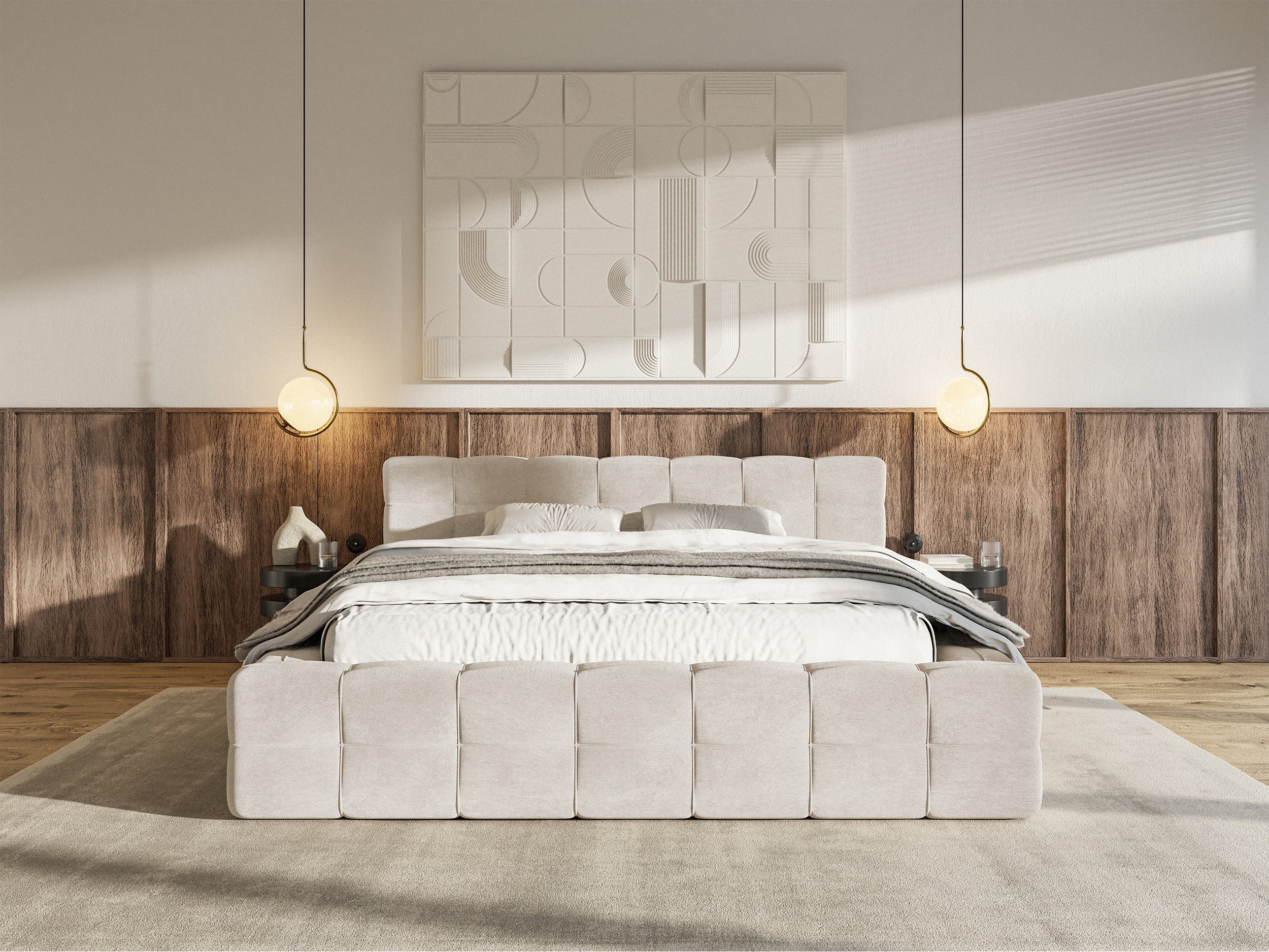 Łóżko tapicerowane Puffly 140x200 cm z pojemnikiem stelaż metalowy szarobeżowy welur