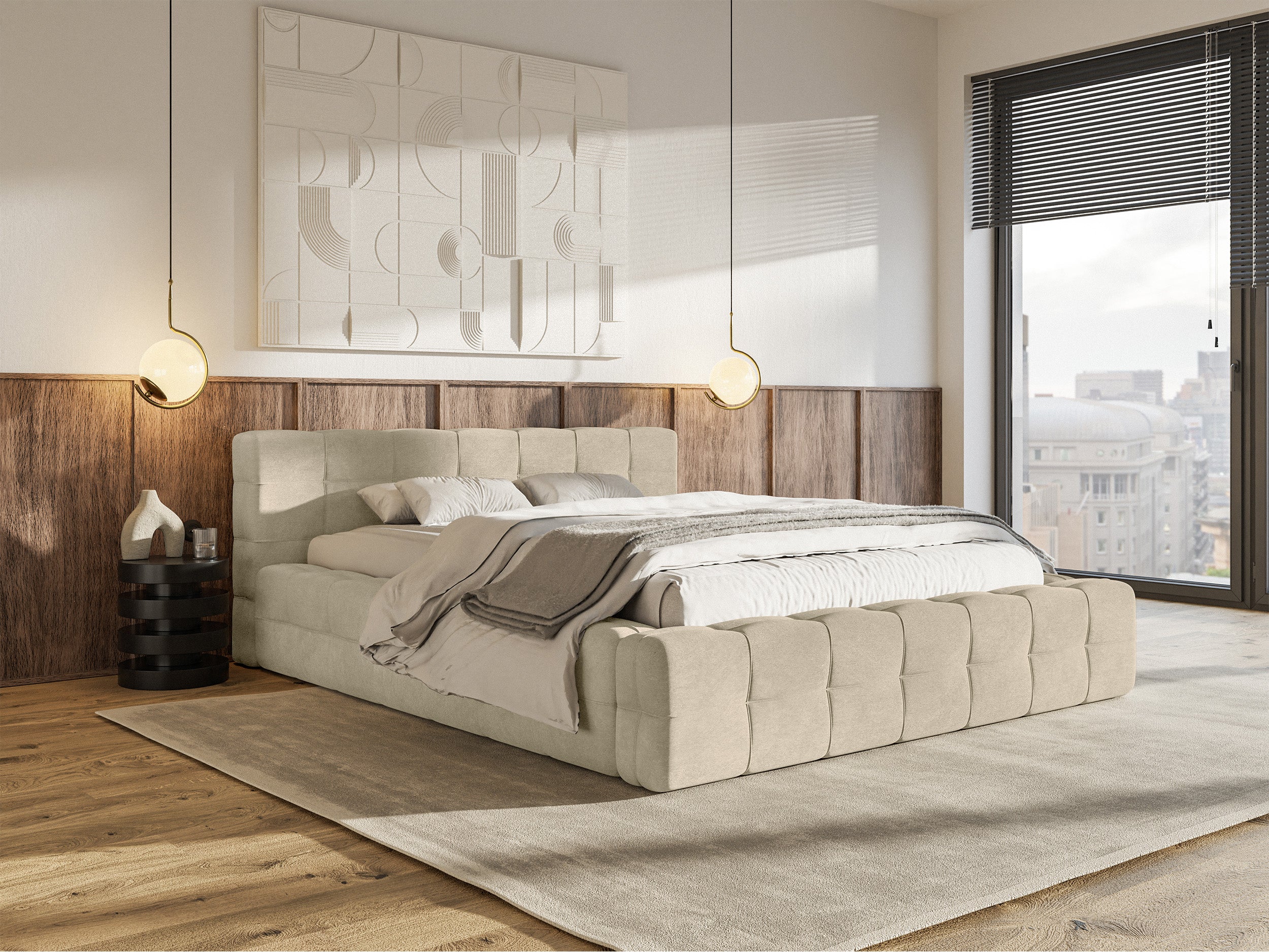 Łóżko tapicerowane Puffly 160x200 cm z pojemnikiem stelaż metalowy beżowy welur