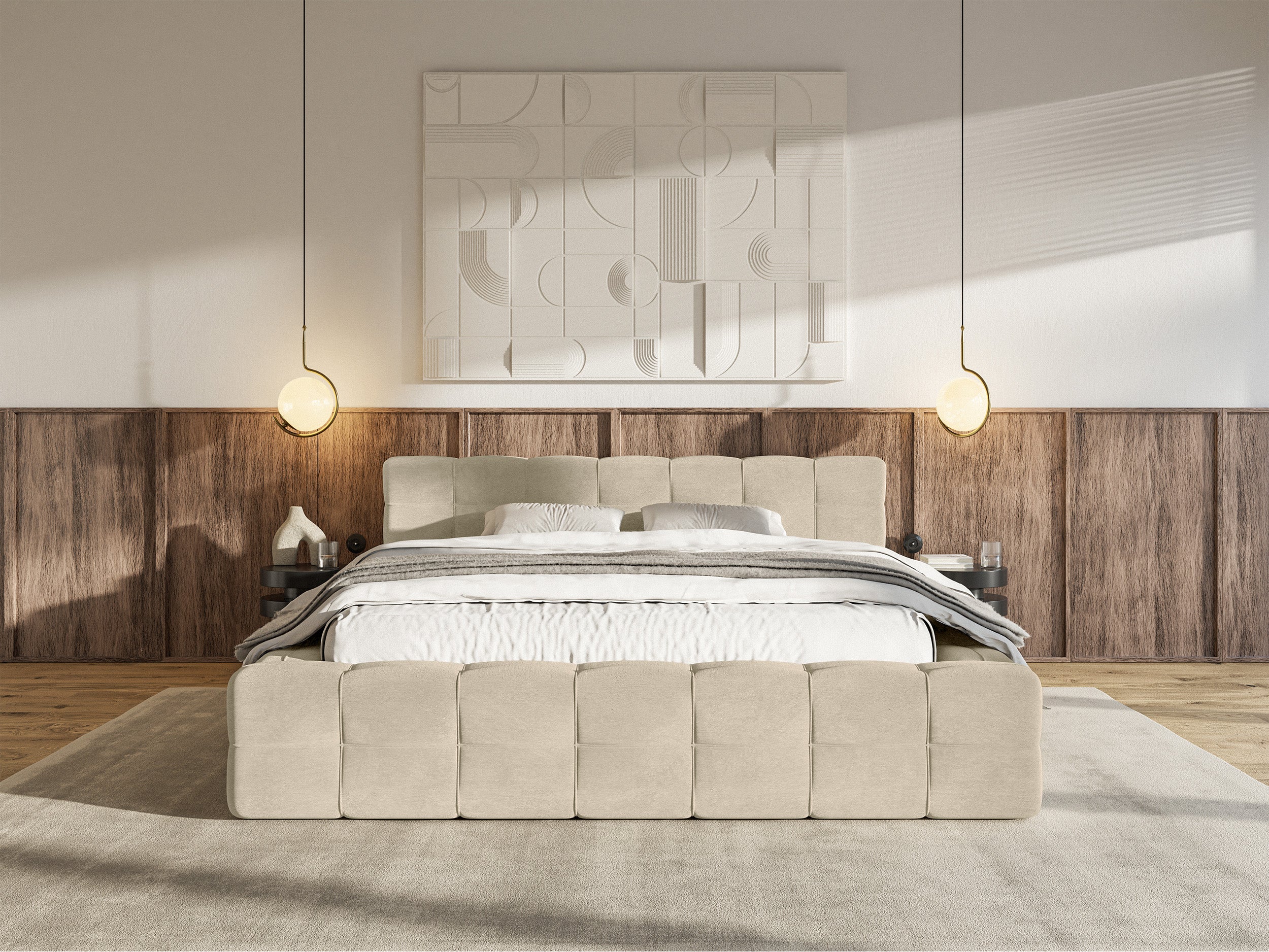 Łóżko tapicerowane Puffly 160x200 cm z pojemnikiem stelaż metalowy beżowy welur