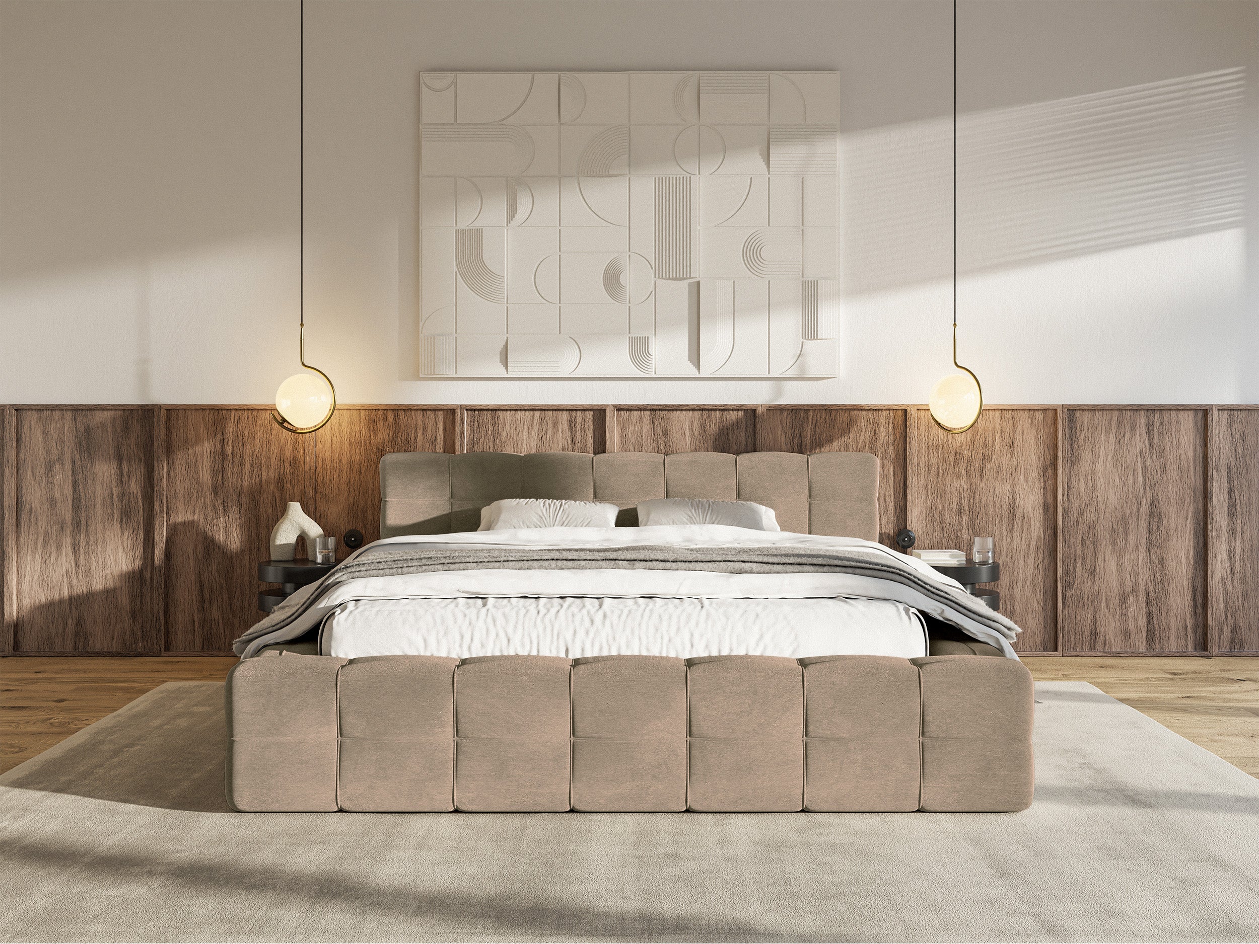 Łóżko tapicerowane Puffly 160x200 cm z pojemnikiem stelaż metalowy ciemnobeżowy welur
