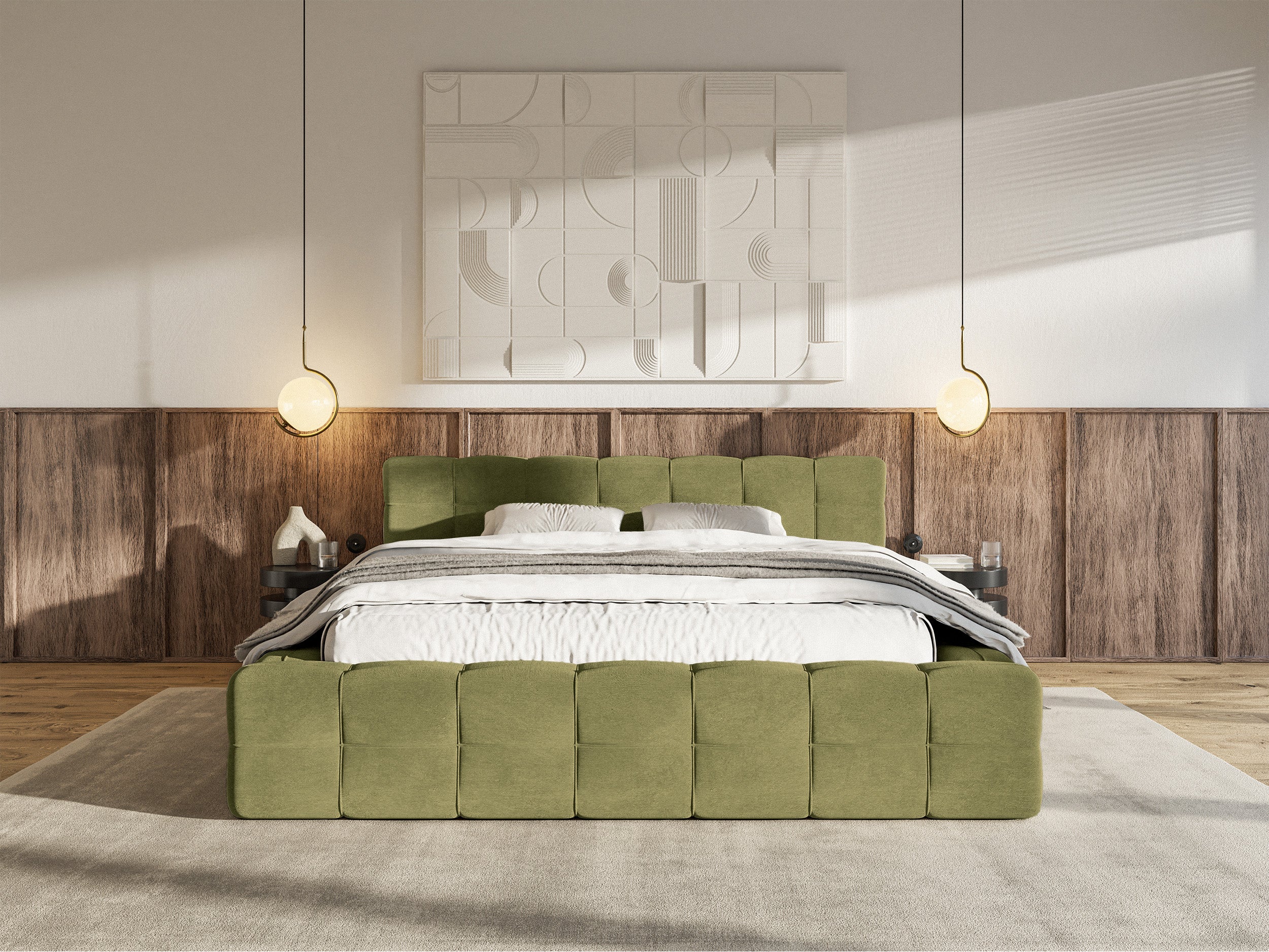 Łóżko tapicerowane Puffly 180x200 cm z pojemnikiem stelaż metalowy oliwkowy welur