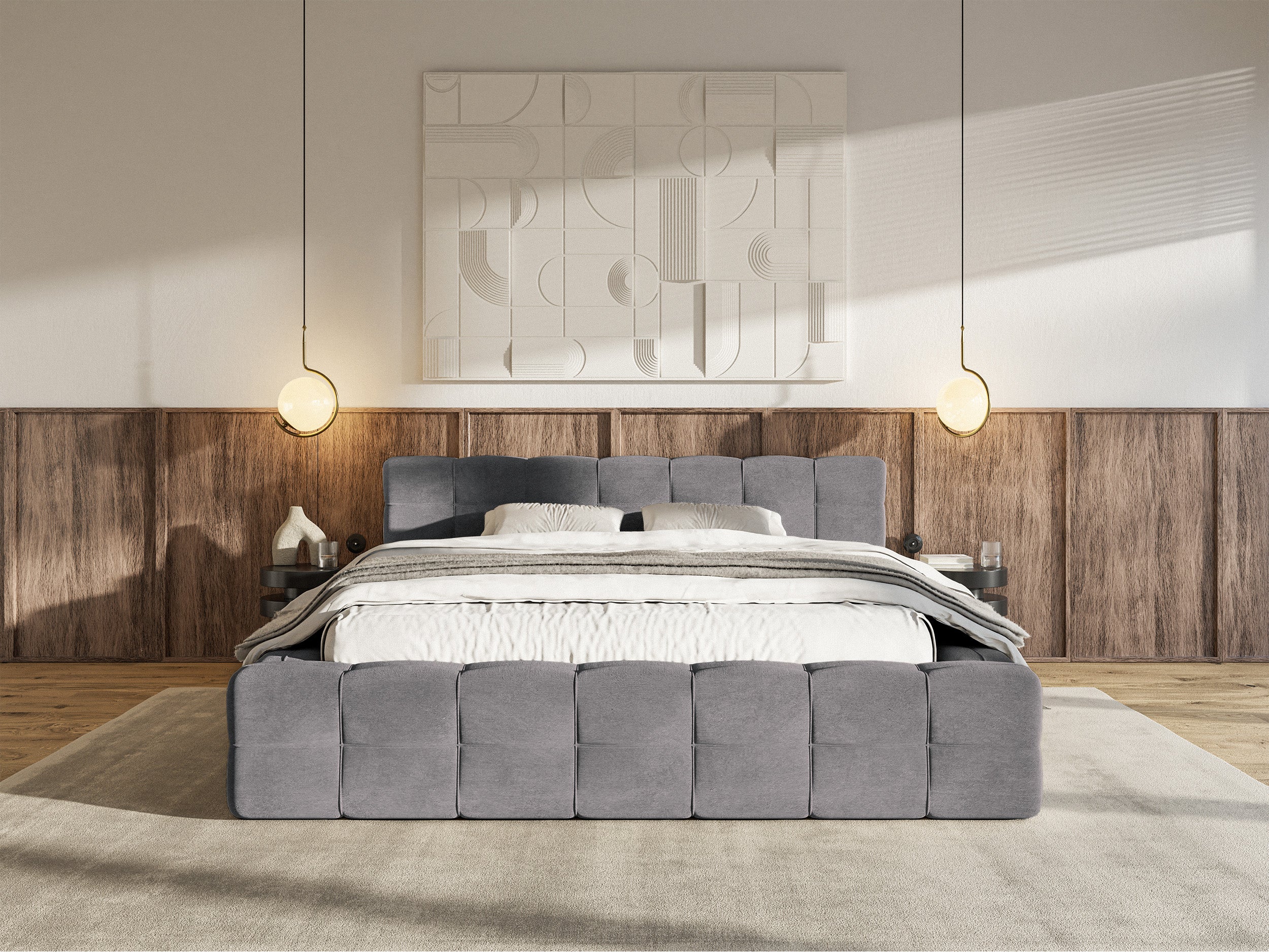 Łóżko tapicerowane Puffly 160x200 cm z pojemnikiem stelaż metalowy szary welur