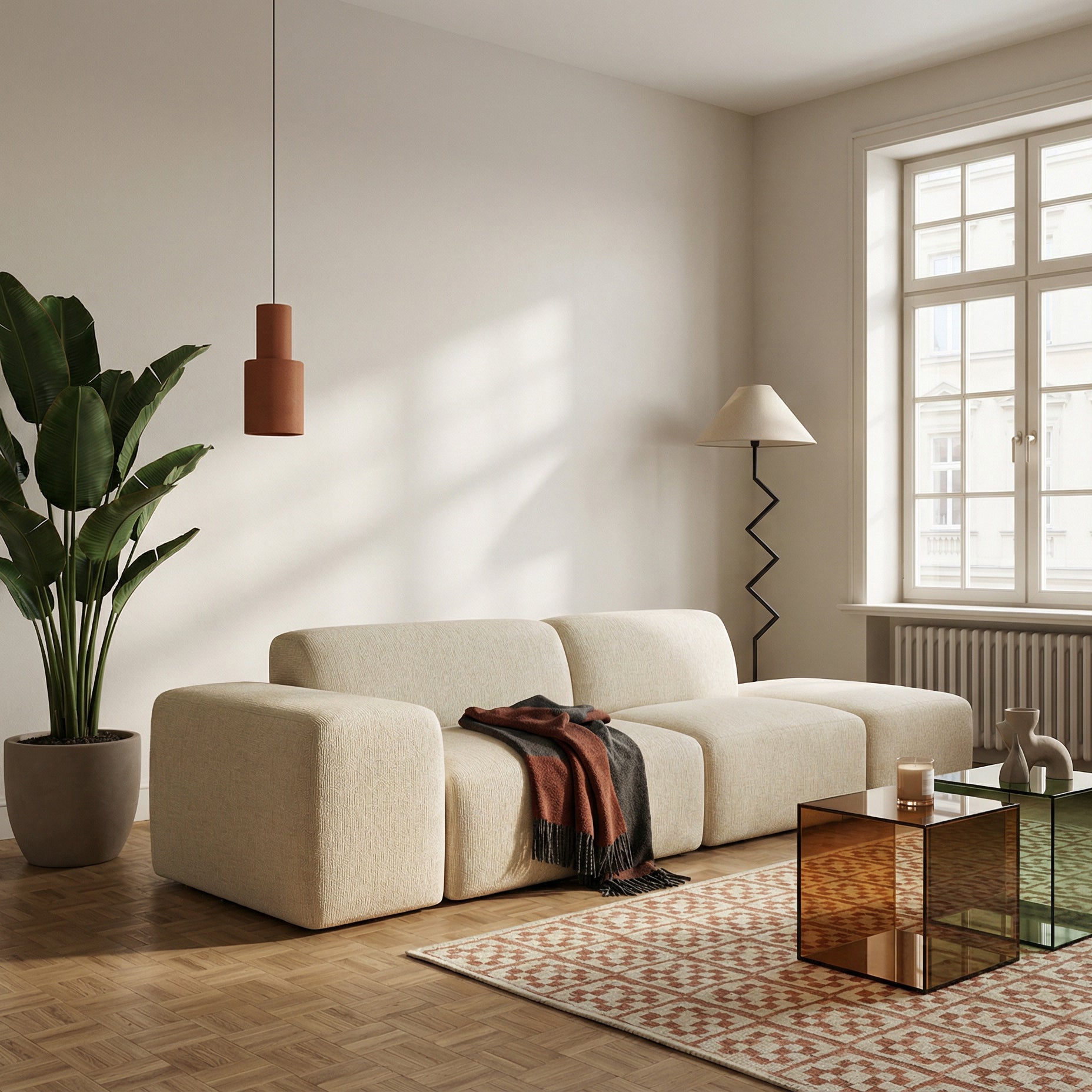 Sofa modułowa Pyllomi z pufą jasnobeżowa plecionka
