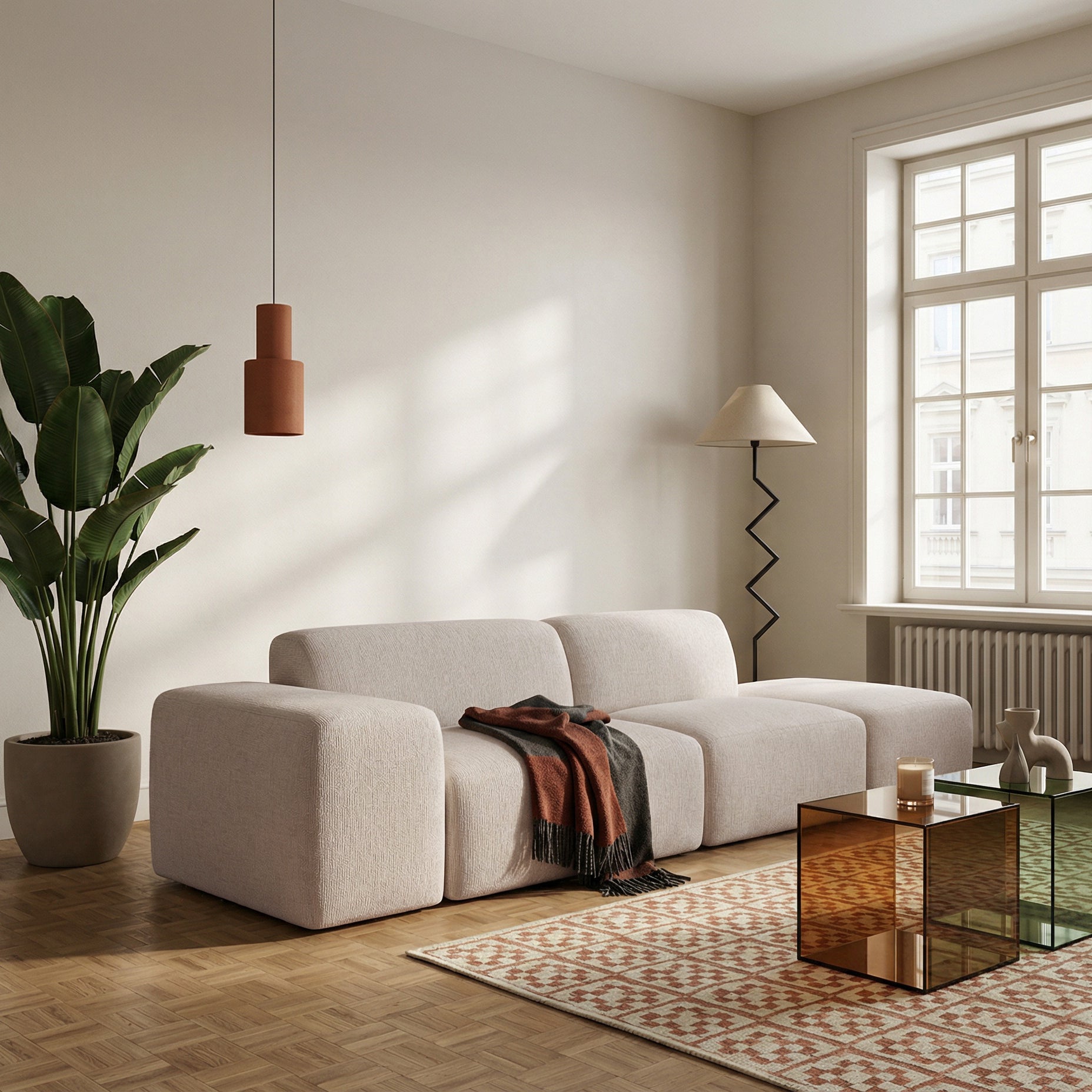 Sofa modułowa Pyllomi z pufą ciepłobeżowa plecionka