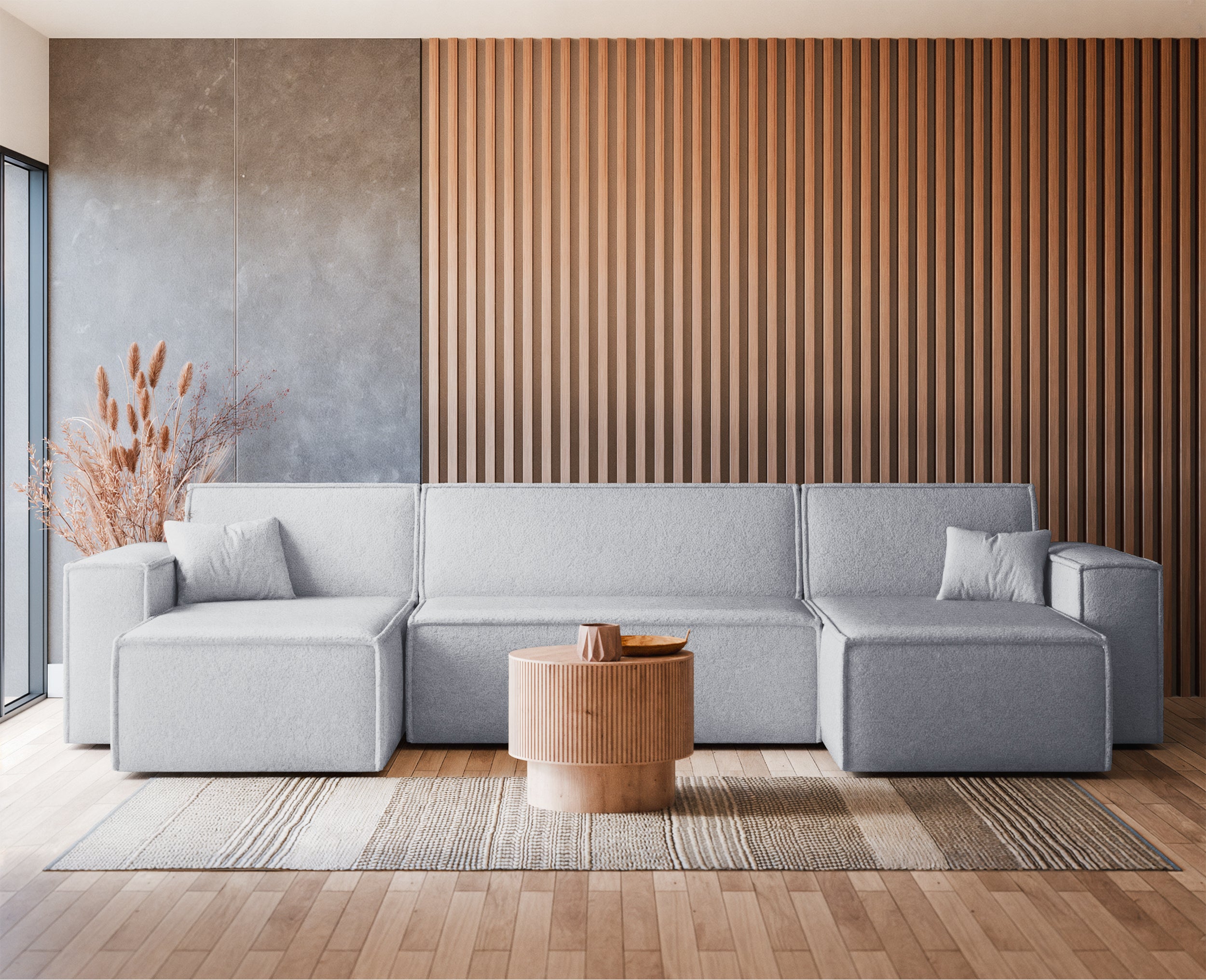 Narożnik z funkcją spania Scarlo U-kształtny uniwersalny z pojemnikiem jasnoszary boucle