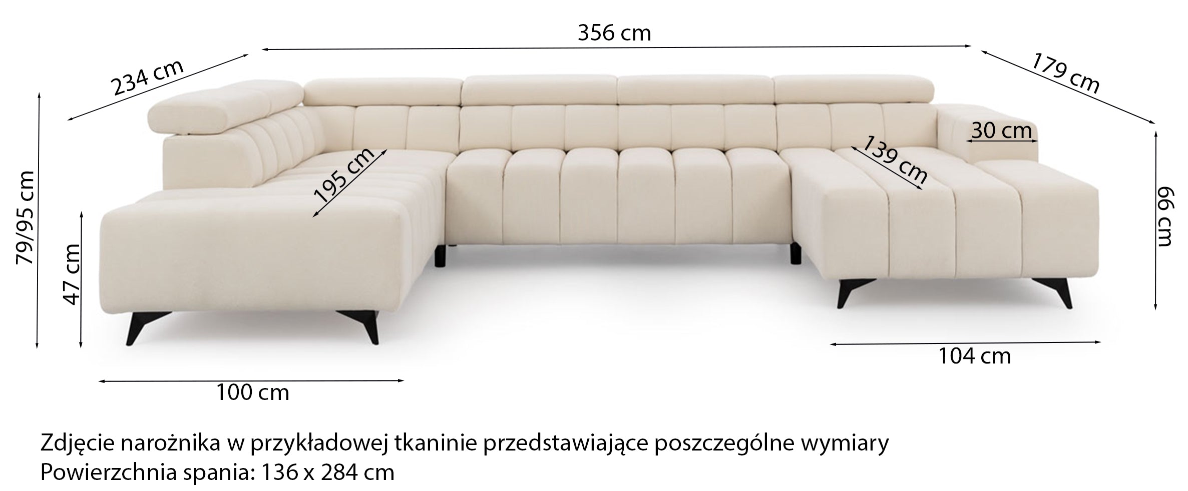 Narożnik z funkcją spania Ragussino U-kształtny z regulowanymi zagłówkami i dwoma pojemnikami kremowy szenil lewostronny