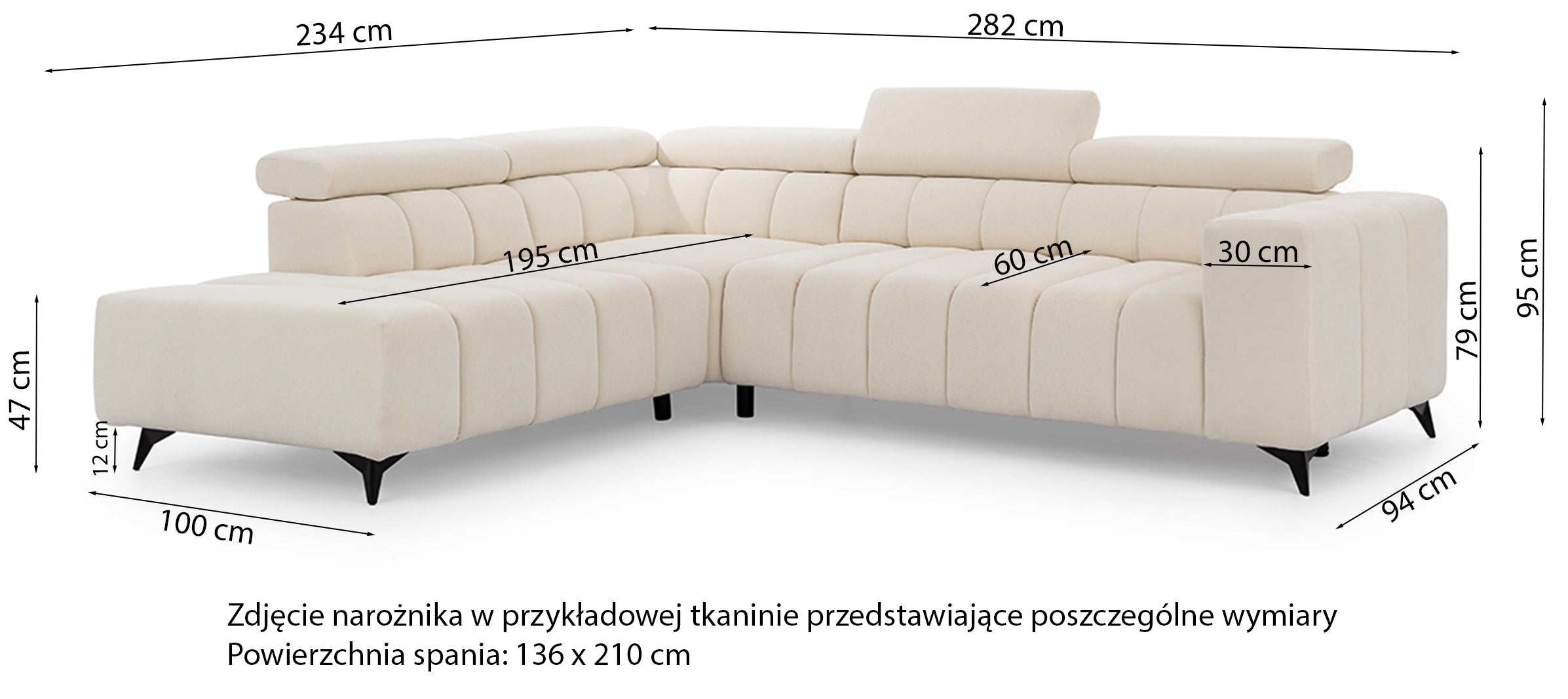Narożnik z funkcją spania Ragussino L-kształtny z boczkiem i regulowanymi zagłówkami szary szenil prawostronny