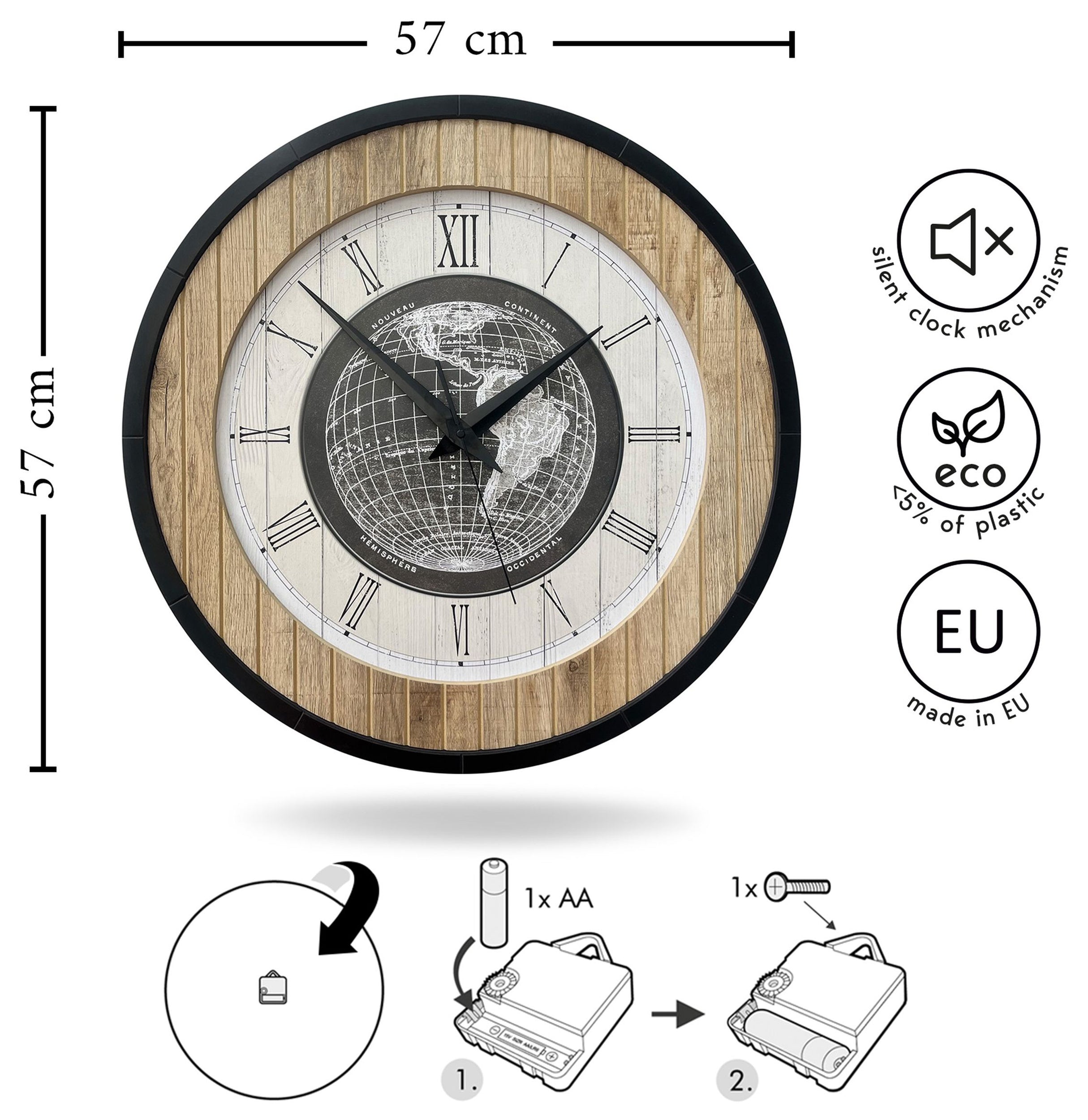 Zegar ścienny Relatise średnica 57 cm dąb/czarny/biały cyfry rzymskie