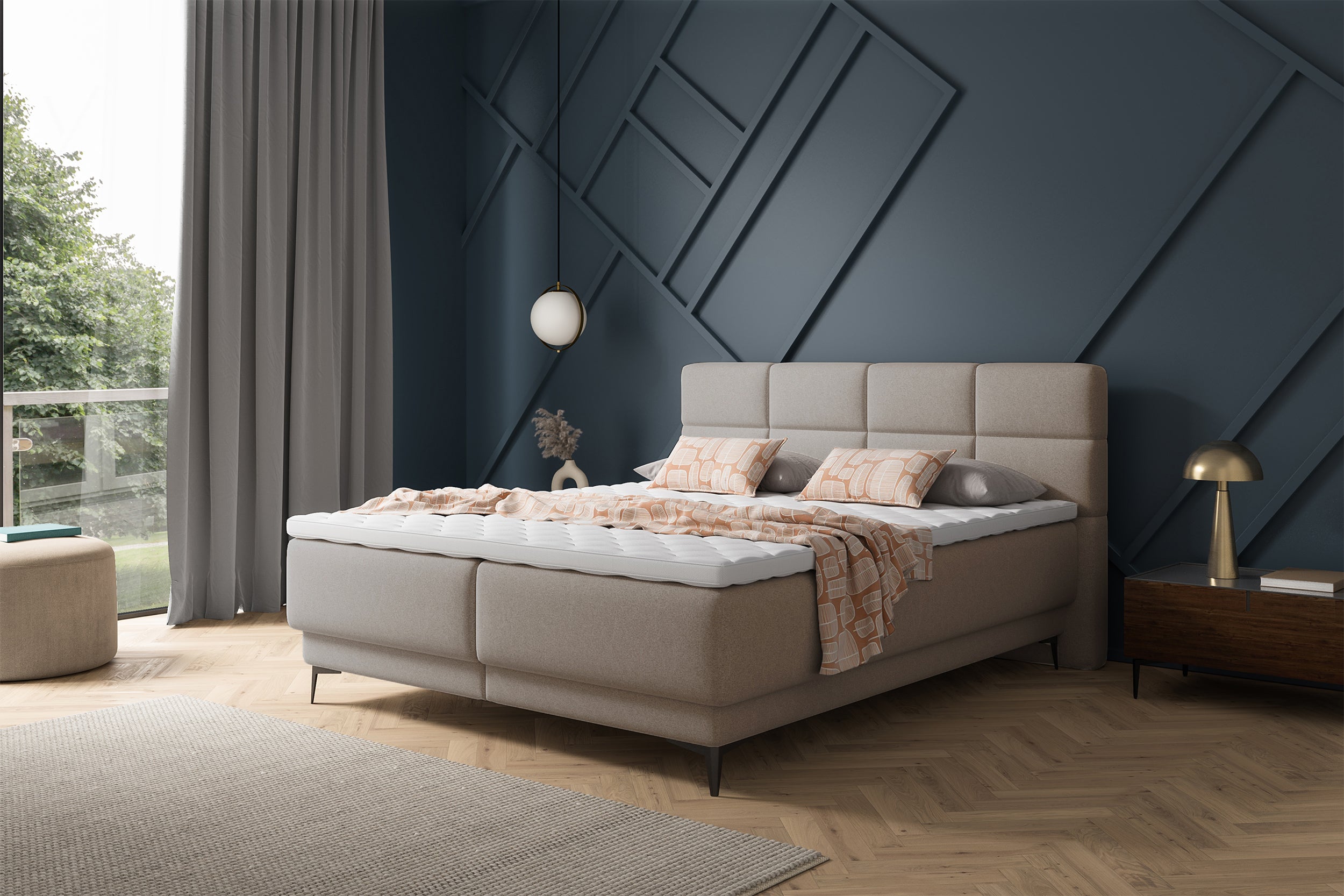 Łóżko kontynentalne 180x200 cm Rektango z pojemnikiem i topperem beżowy welur