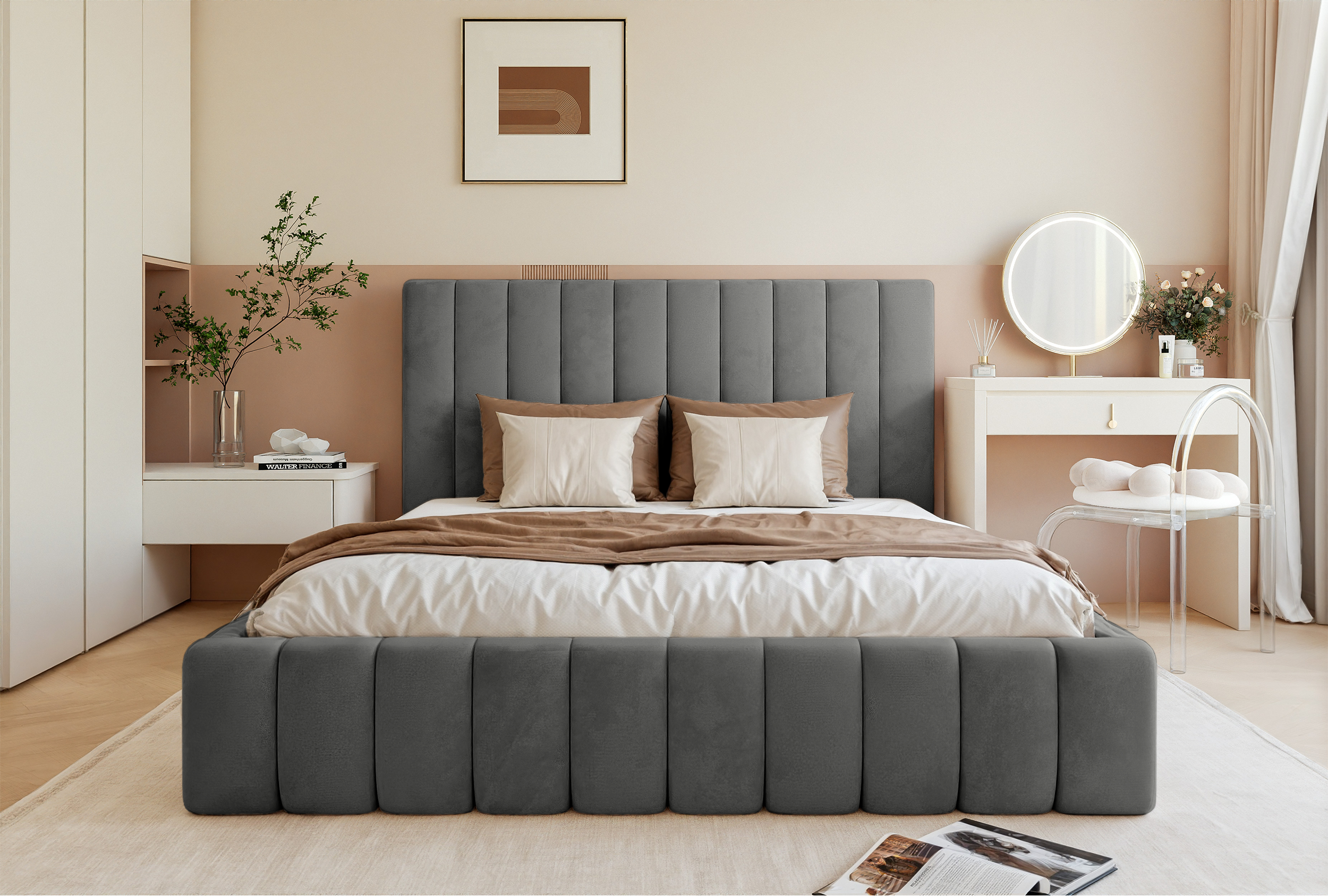 Łóżko tapicerowane 160x200 cm Fiarro z pojemnikiem na pościel szare welur stelaż metalowy