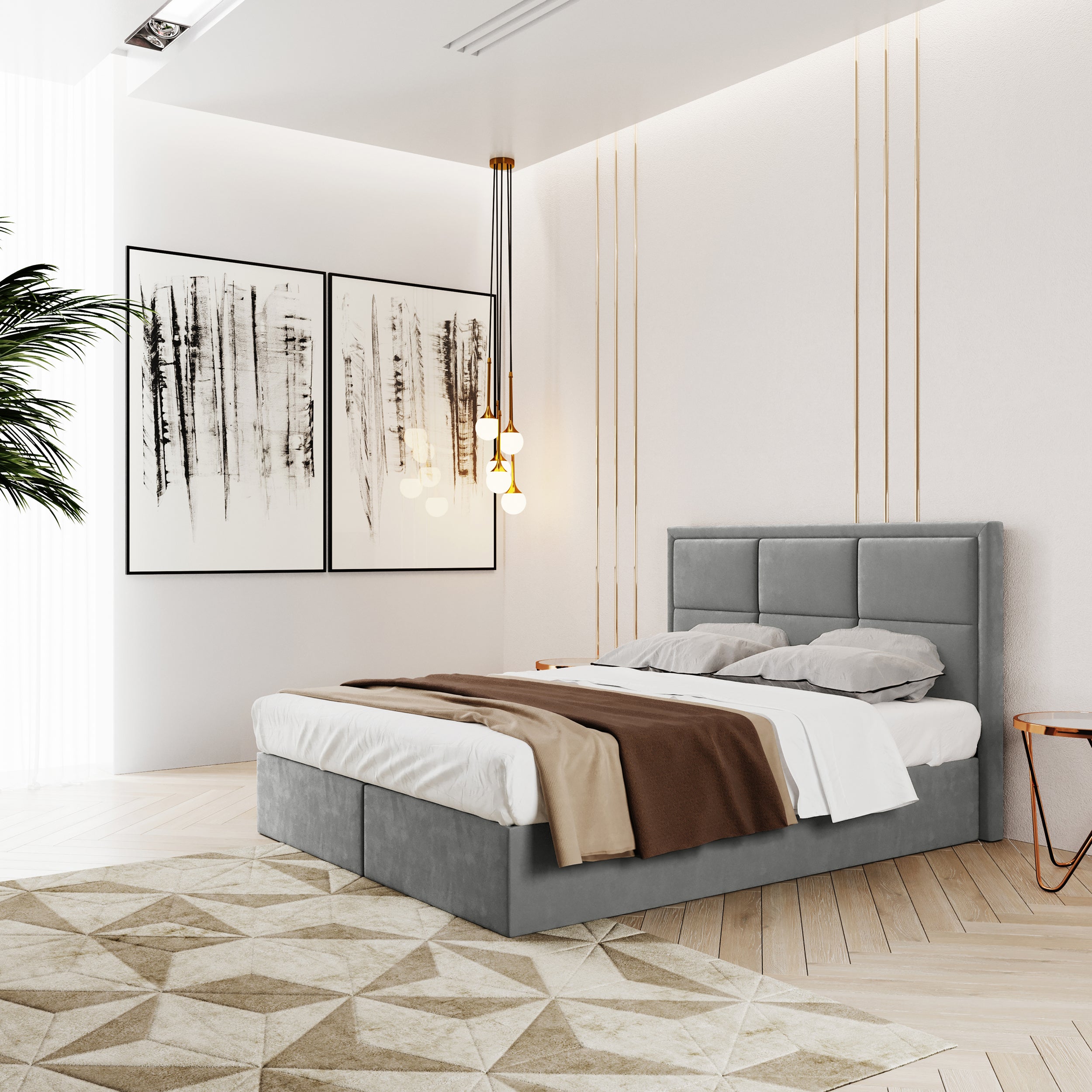 Łóżko kontynentalne 160x200 cm Rommano z materacem bonellowym i topperem szare welur