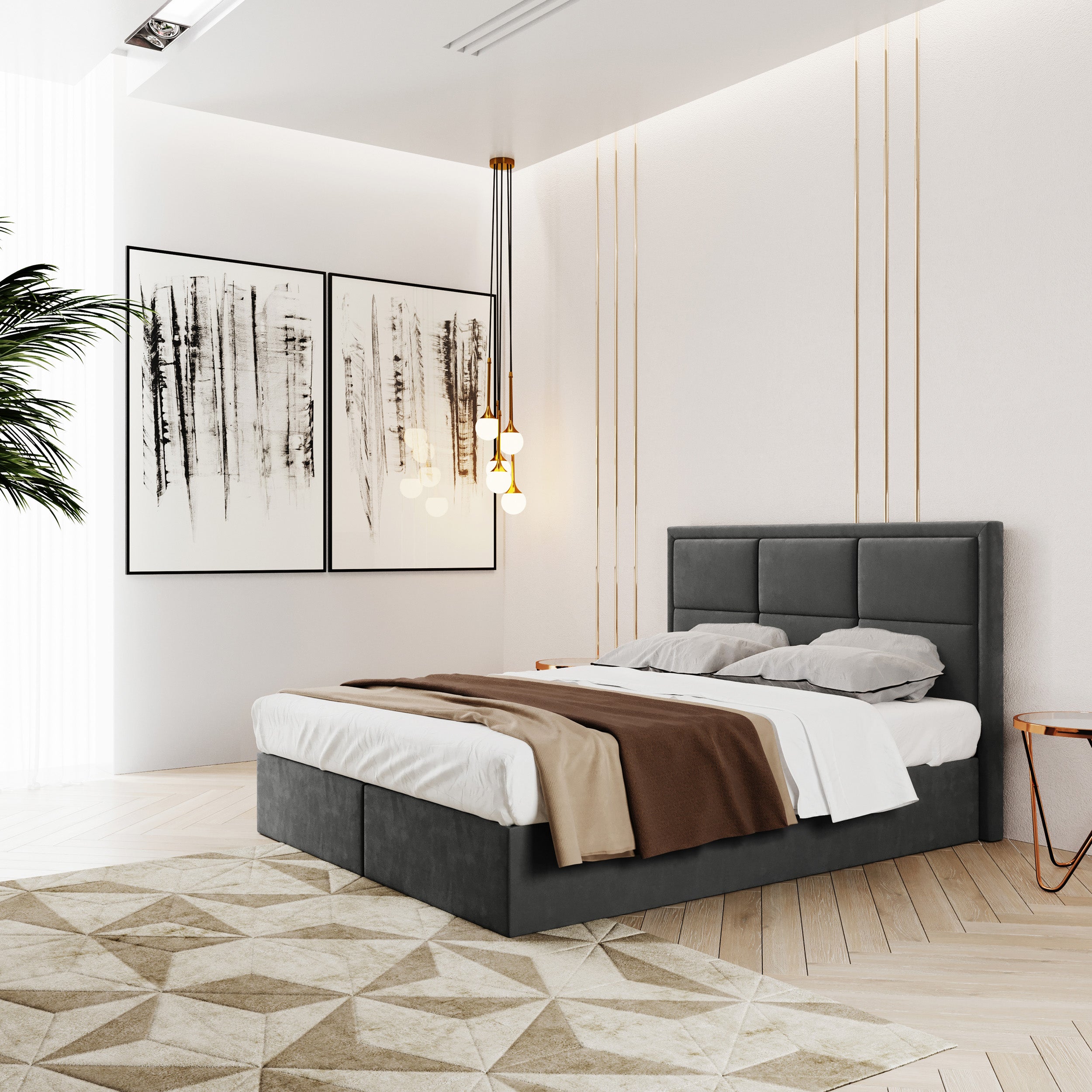 Łóżko kontynentalne 160x200 cm Rommano z materacem bonellowym i topperem ciemnoszare welur