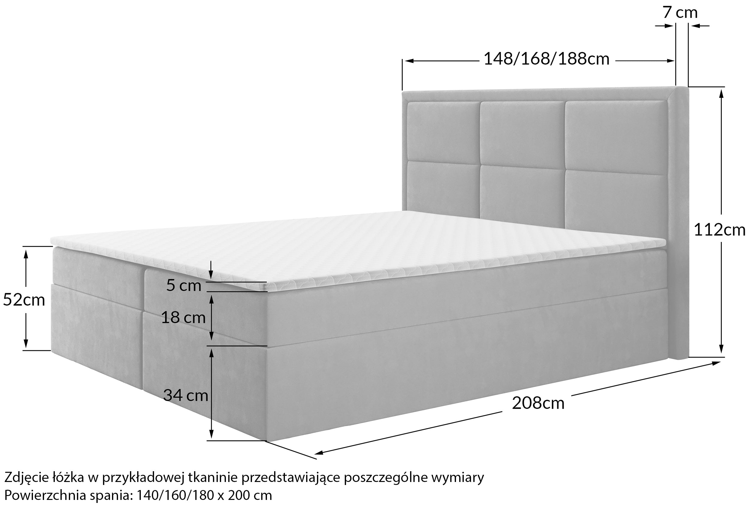 Łóżko kontynentalne 160x200 cm Rommano z materacem bonellowym i topperem ciemnoszare welur
