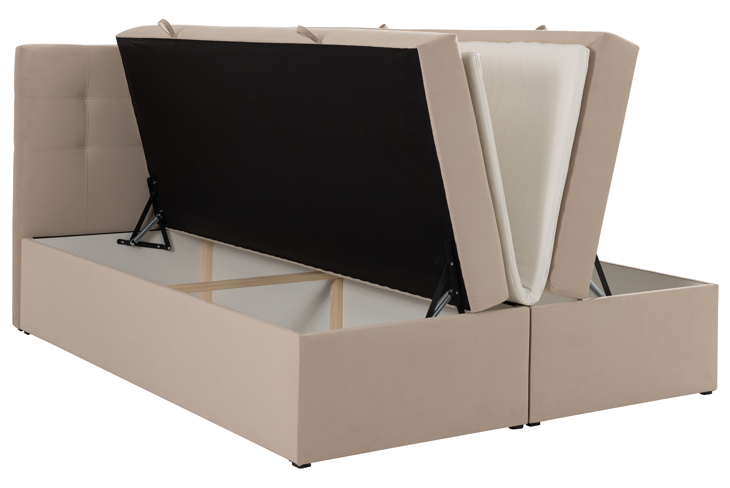 Łóżko kontynentalne 160x200 cm Ronneo z pojemnikami i topperem jasnobeżowe welur