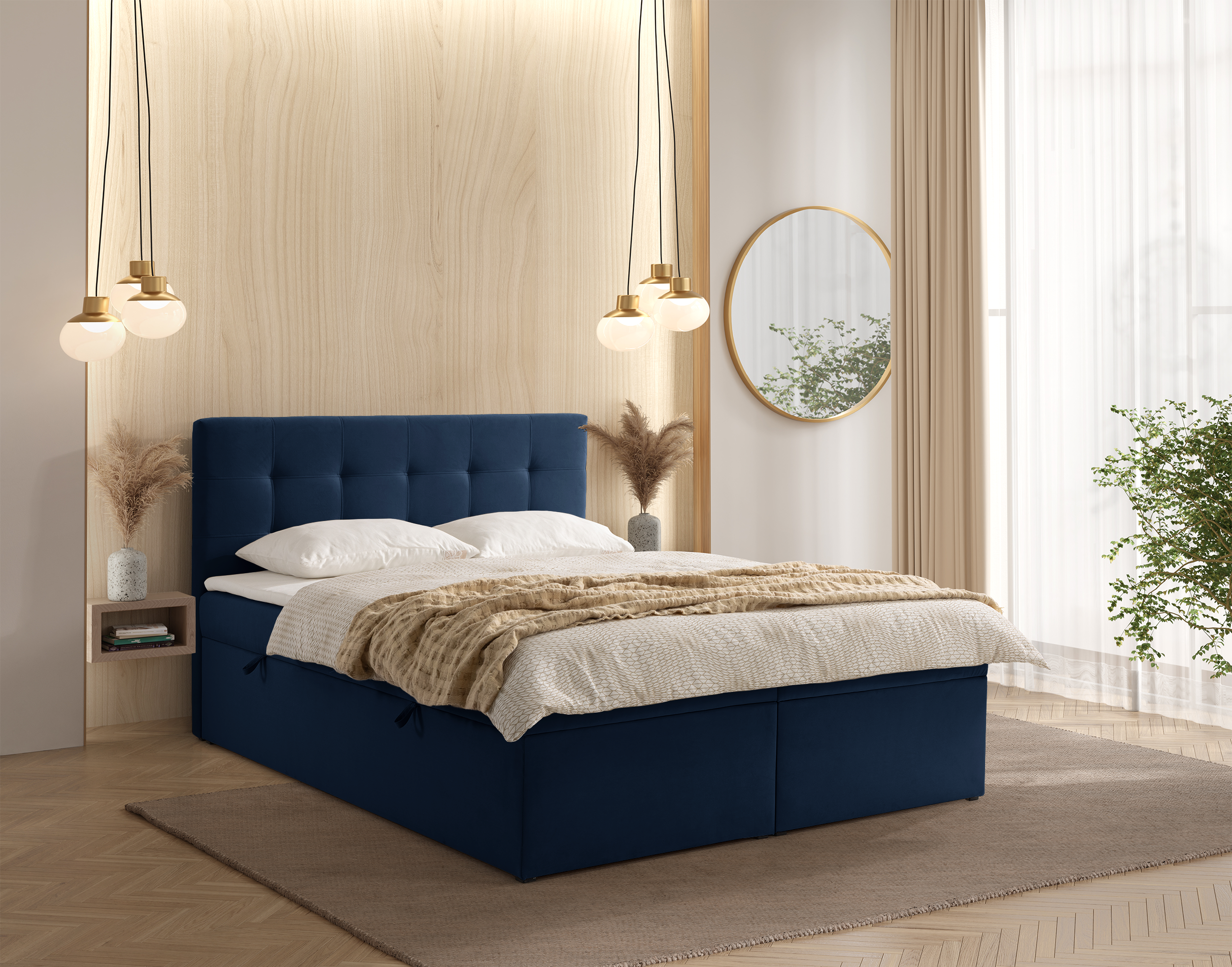 Łóżko kontynentalne 140x200 cm Ronneo z pojemnikami i topperem granatowe welur