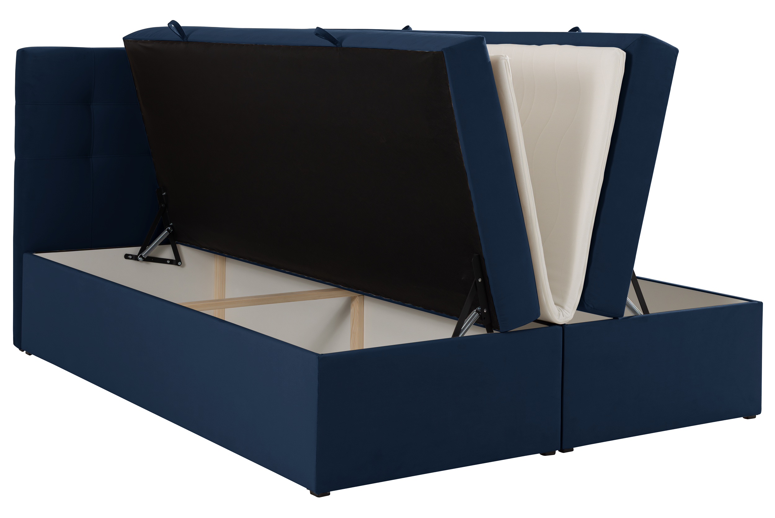 Łóżko kontynentalne 140x200 cm Ronneo z pojemnikami i topperem granatowe welur