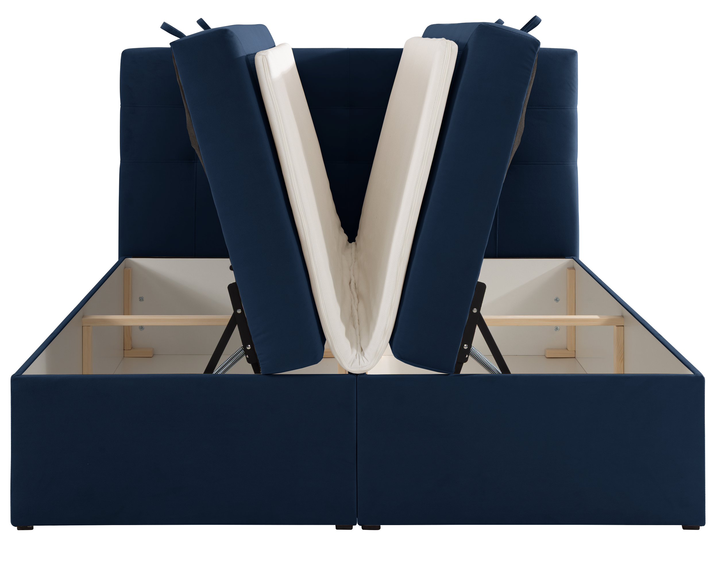 Łóżko kontynentalne 140x200 cm Ronneo z pojemnikami i topperem granatowe welur