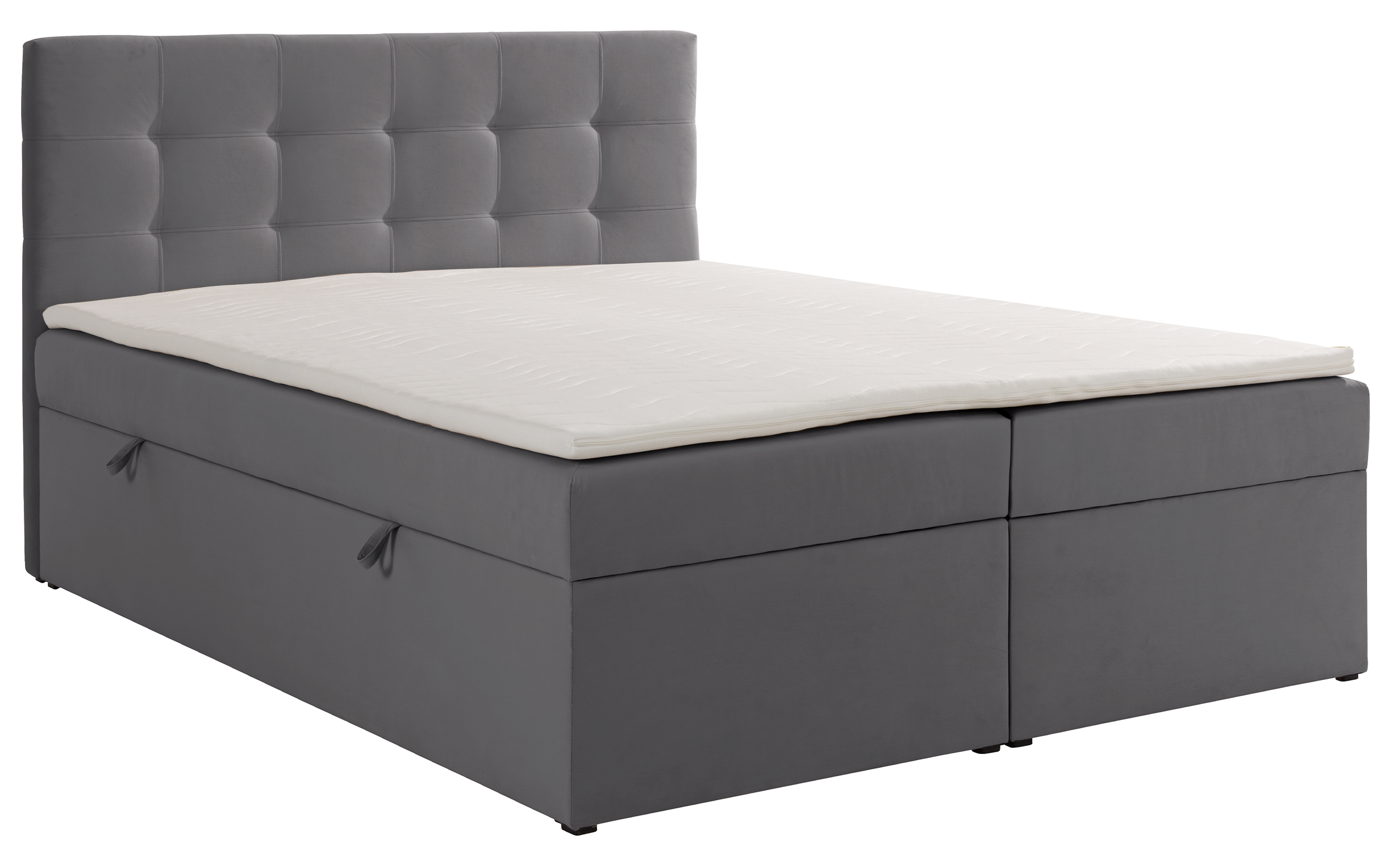Łóżko kontynentalne 160x200 cm Ronneo z pojemnikami i topperem popielate welur