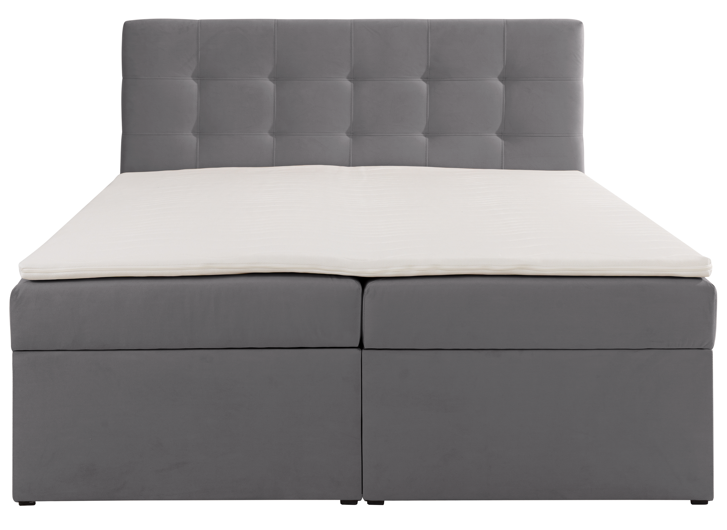 Łóżko kontynentalne 160x200 cm Ronneo z pojemnikami i topperem popielate welur