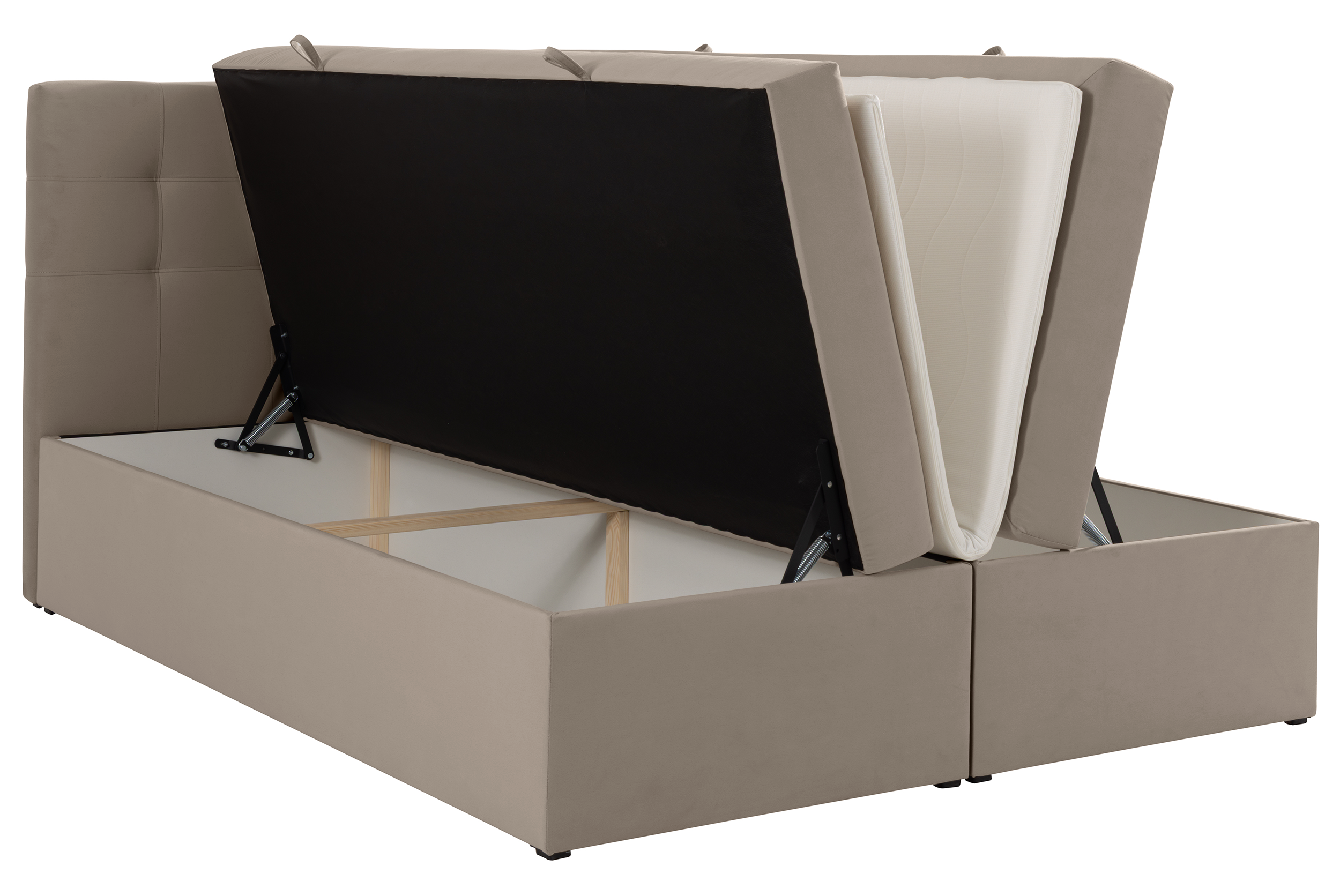Łóżko kontynentalne 180x200 cm Ronneo z pojemnikami i topperem szarobeżowe welur