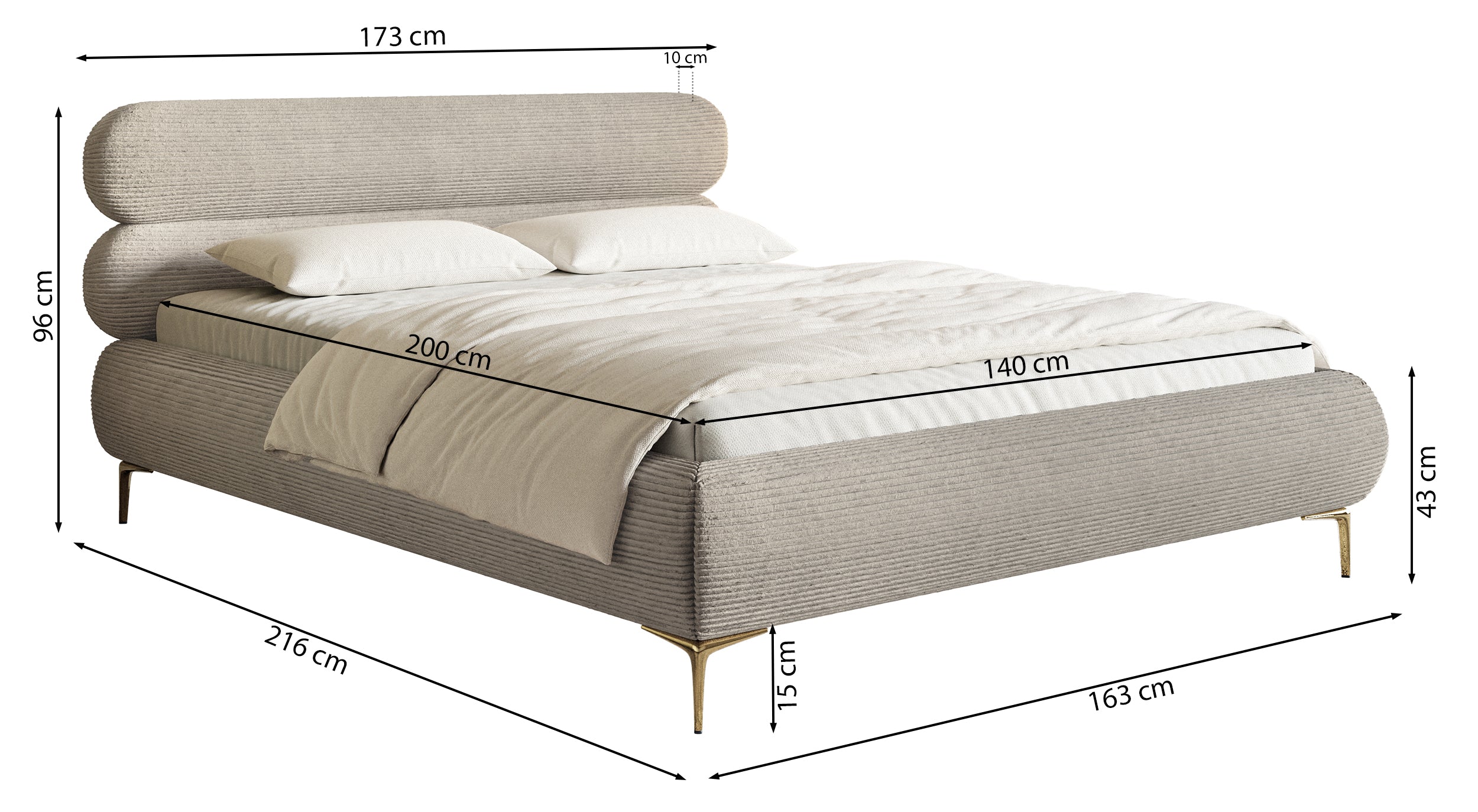 Łóżko tapicerowane 140x200 cm Roule Cord z pojemnikiem stelaż metalowy brązowe sztruks nóżki złote