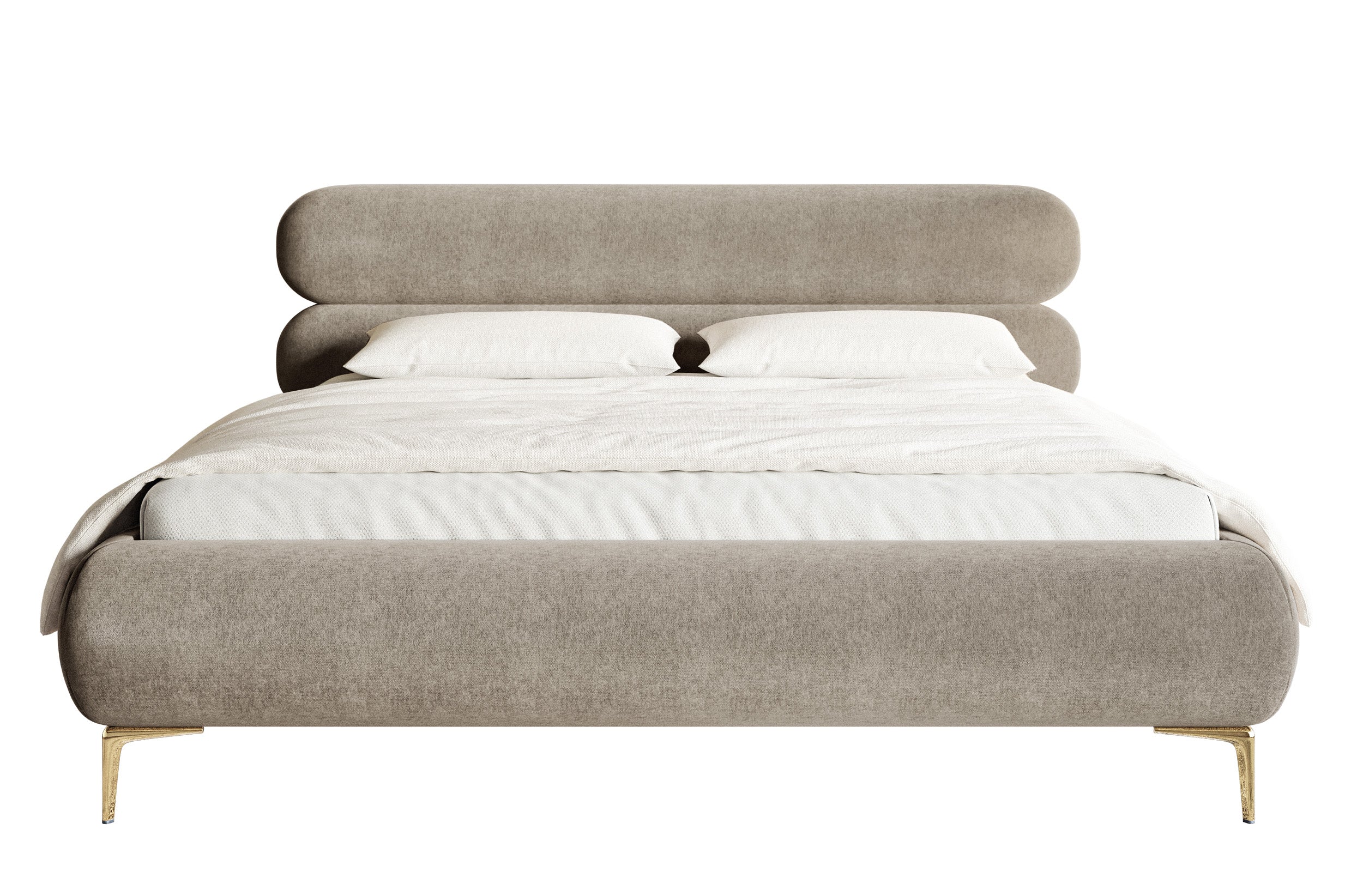 Łóżko tapicerowane 160x200 cm Roule z pojemnikiem stelaż metalowy szarobeżowe welur hydrofobowy nóżki złote