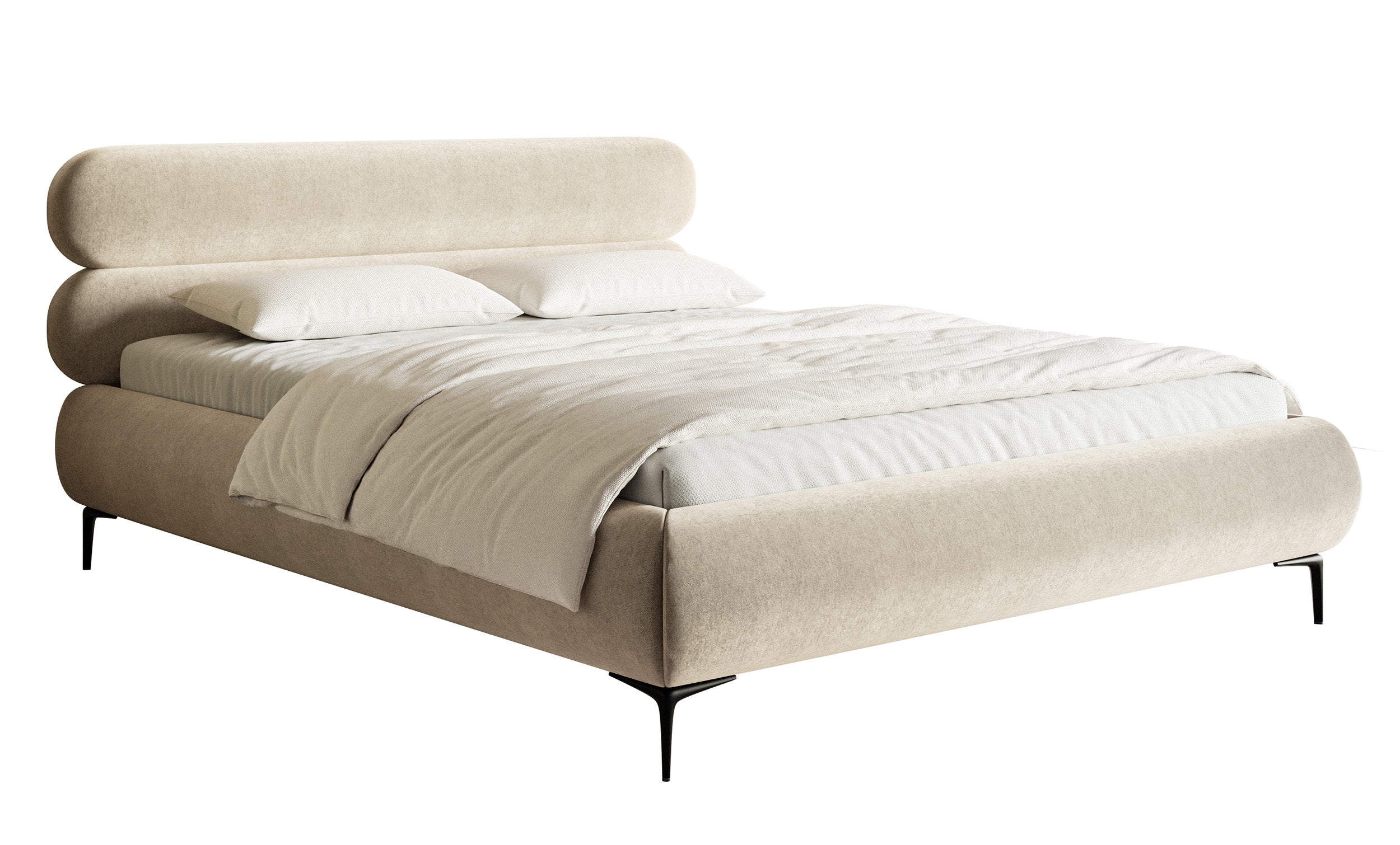 Łóżko tapicerowane 180x200 cm Roule z pojemnikiem stelaż metalowy jasnobeżowe welur hydrofobowy nóżki czarne