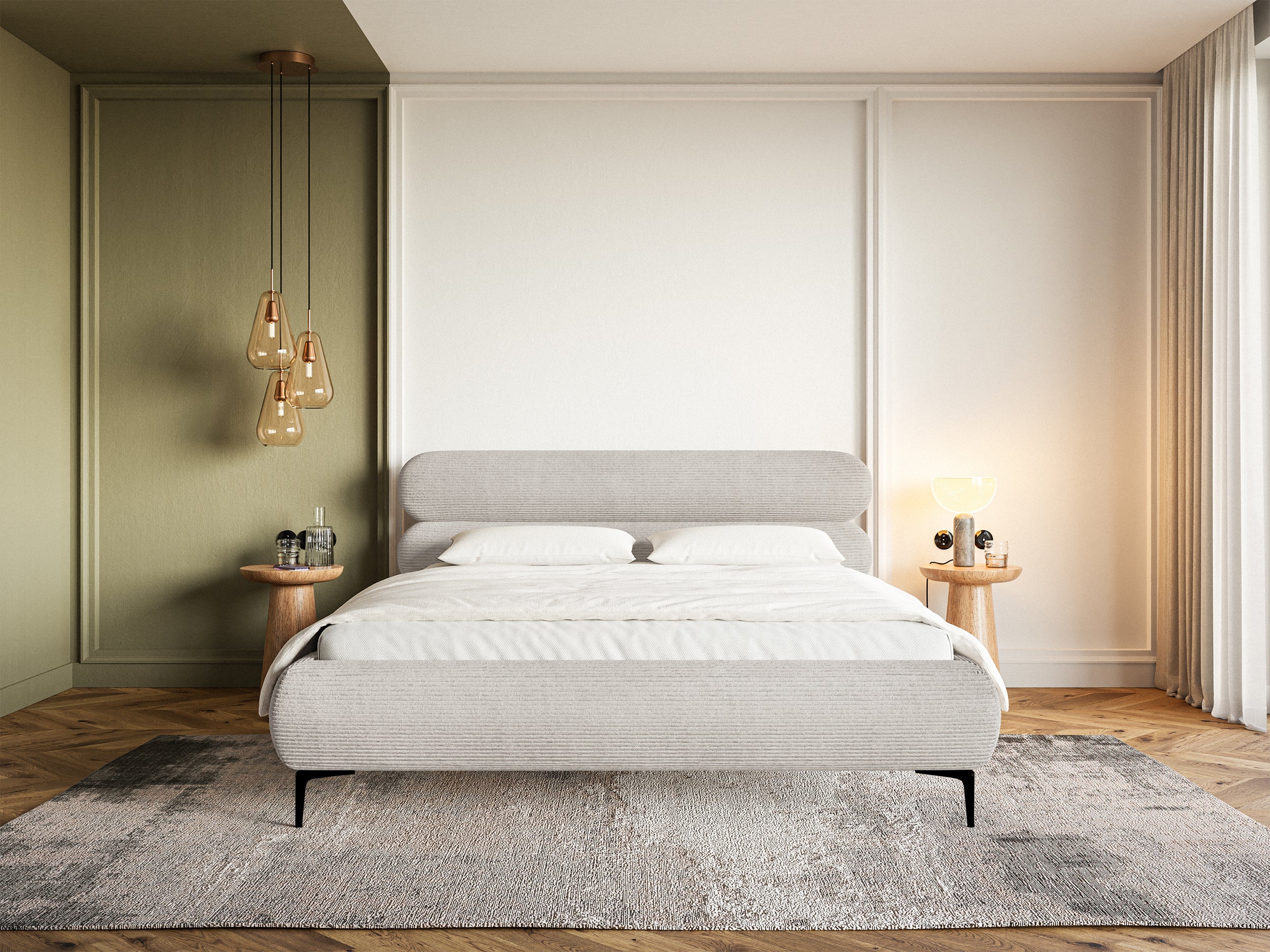 Łóżko tapicerowane 140x200 cm Roule Cord z pojemnikiem stelaż metalowy szarobeżowe sztruks nóżki czarne