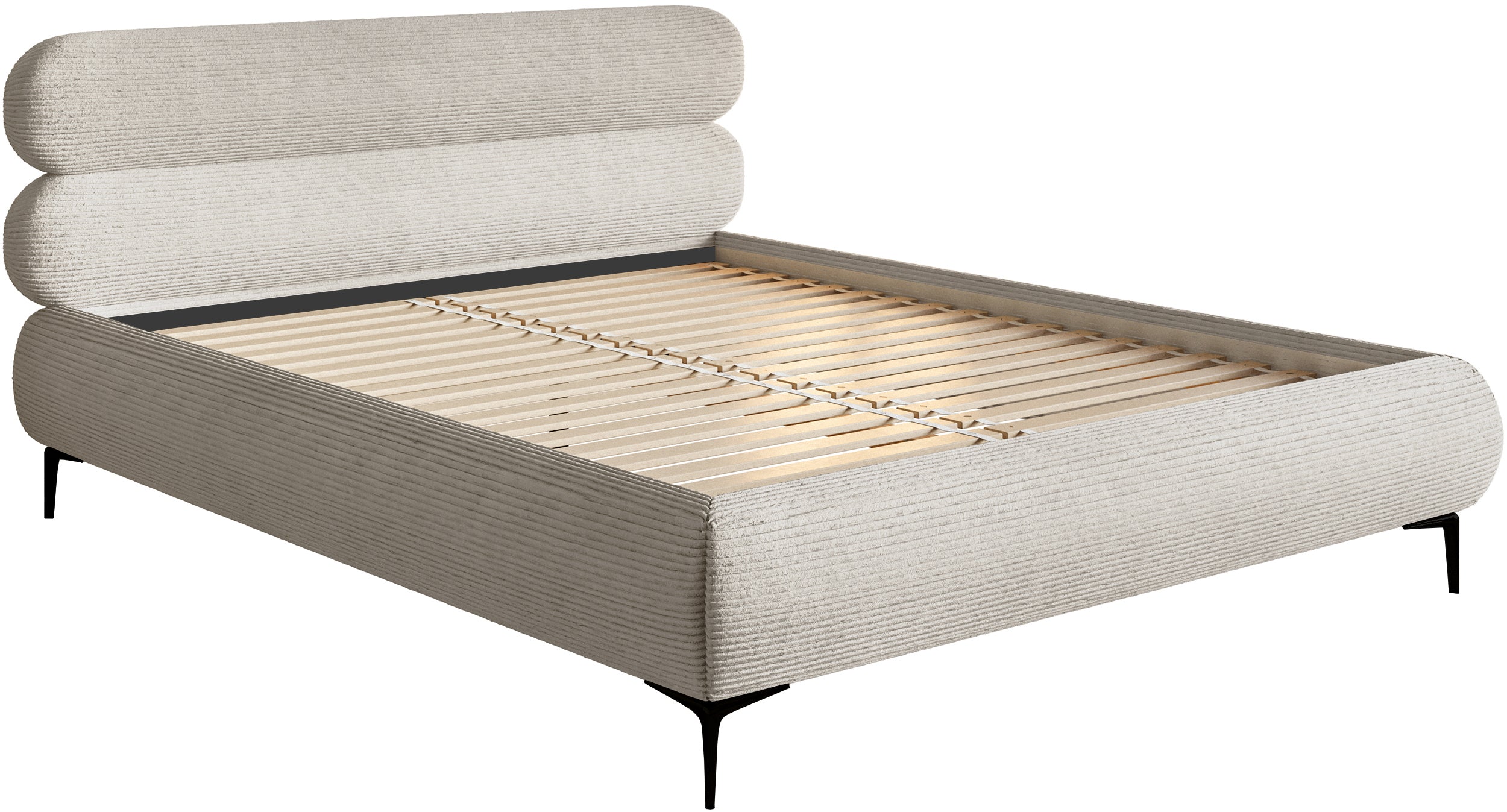 Łóżko tapicerowane 160x200 cm Roule Cord szarobeżowe sztruks nóżki czarne