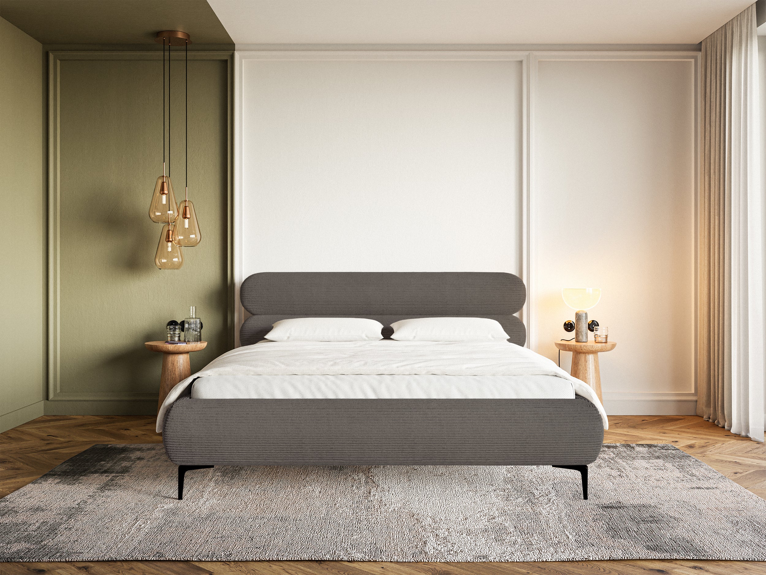 Łóżko tapicerowane 180x200 cm Roule Cord szare sztruks nóżki czarne