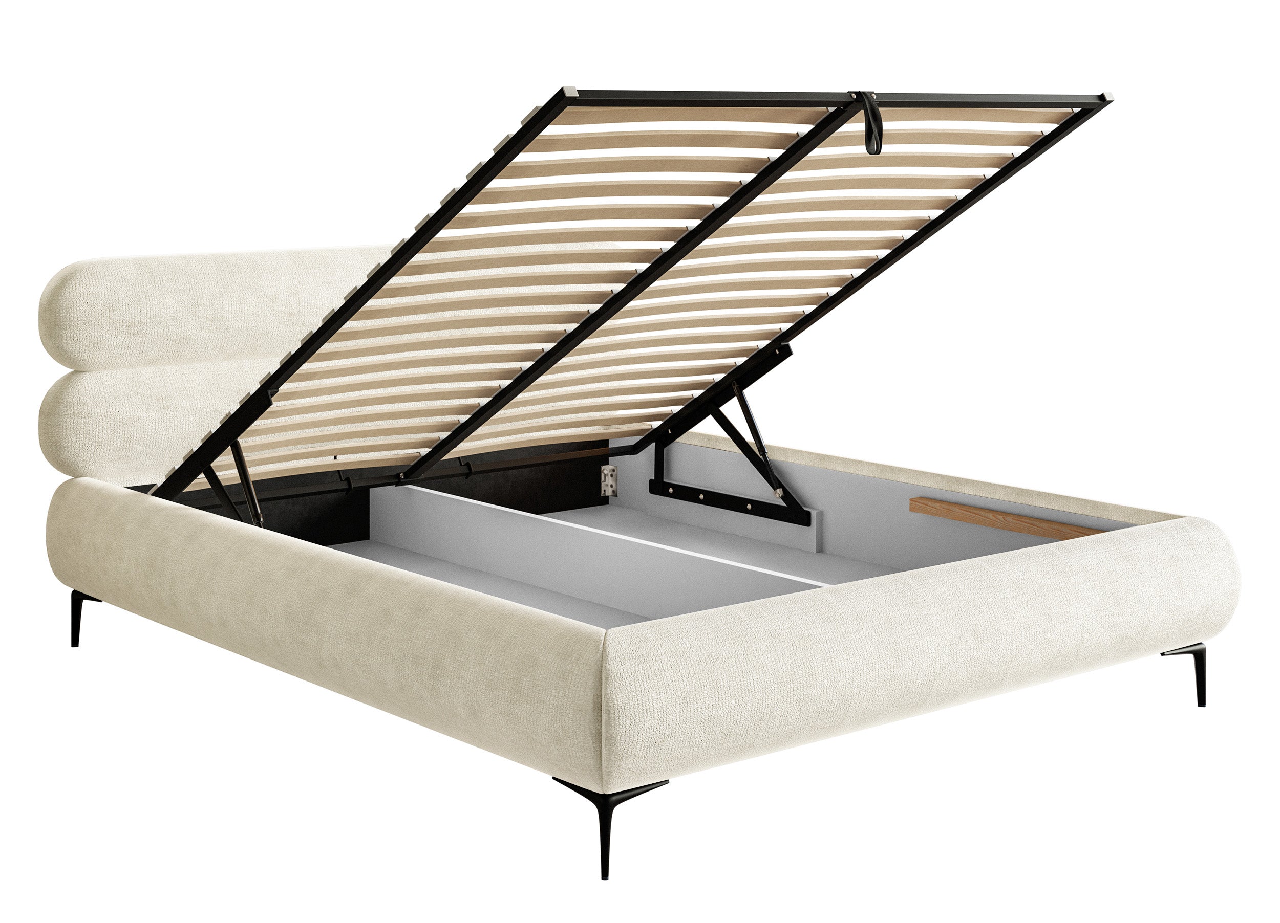 Łóżko tapicerowane 140x200 cm Roule z pojemnikiem stelaż metalowy kremowe szenil nóżki czarne