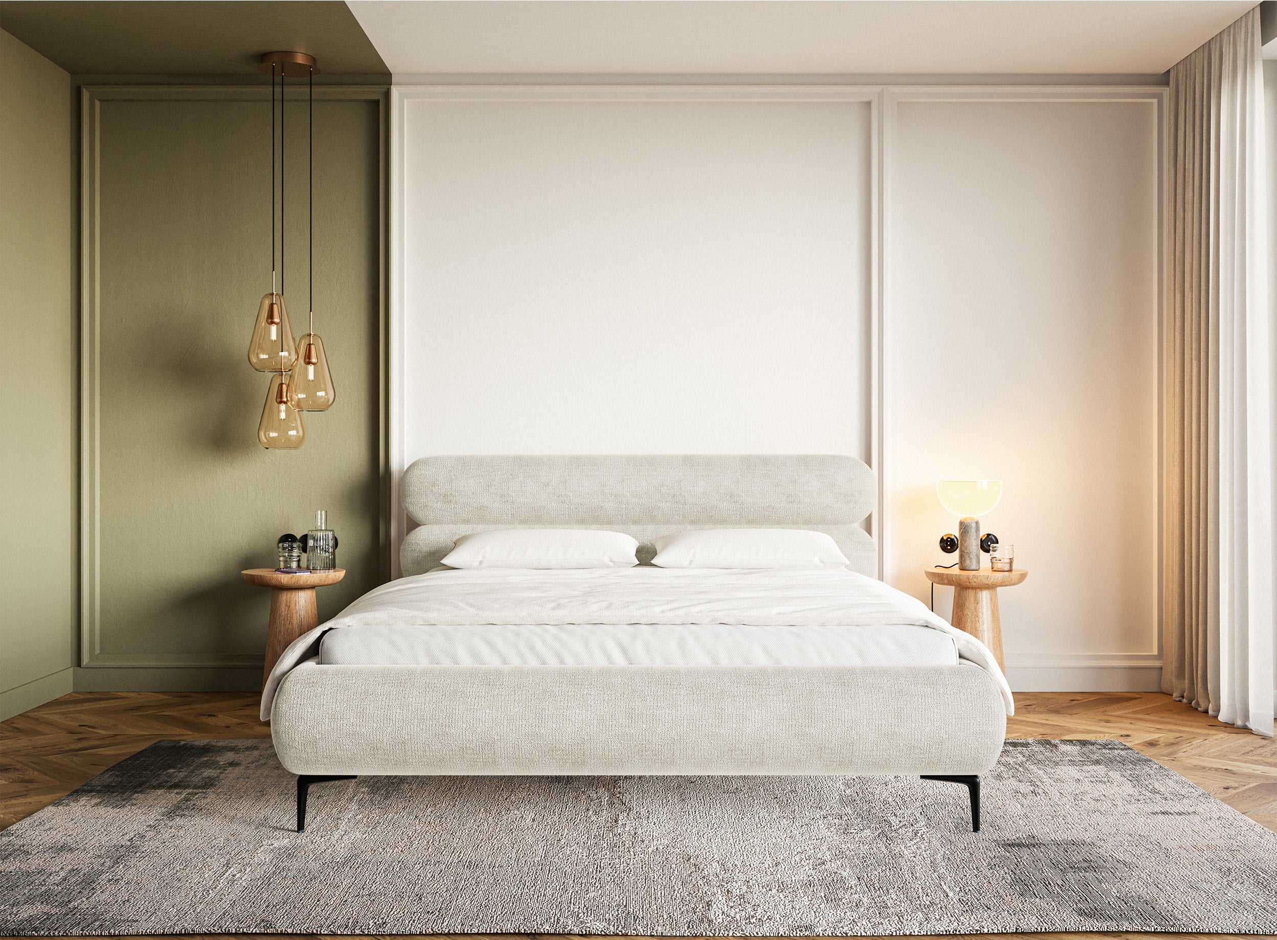 Łóżko tapicerowane 160x200 cm Roule z pojemnikiem stelaż metalowy szarobeżowe szenil nóżki czarne