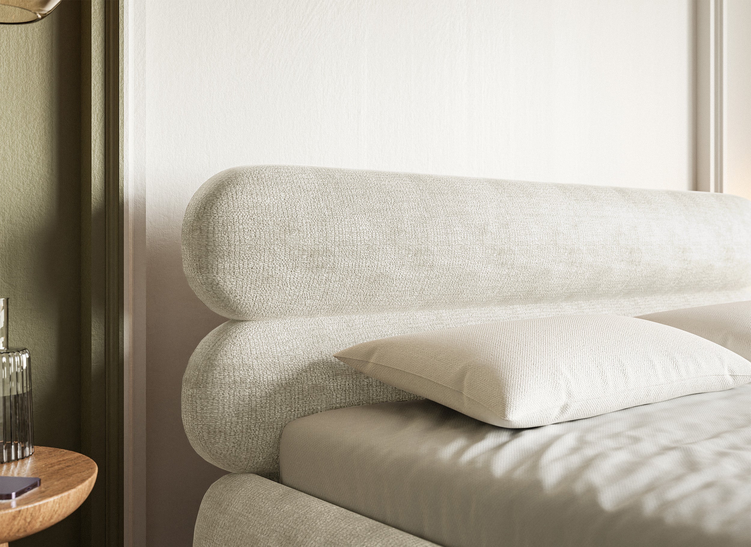 Łóżko tapicerowane 160x200 cm Roule z pojemnikiem stelaż metalowy szarobeżowe szenil nóżki złote