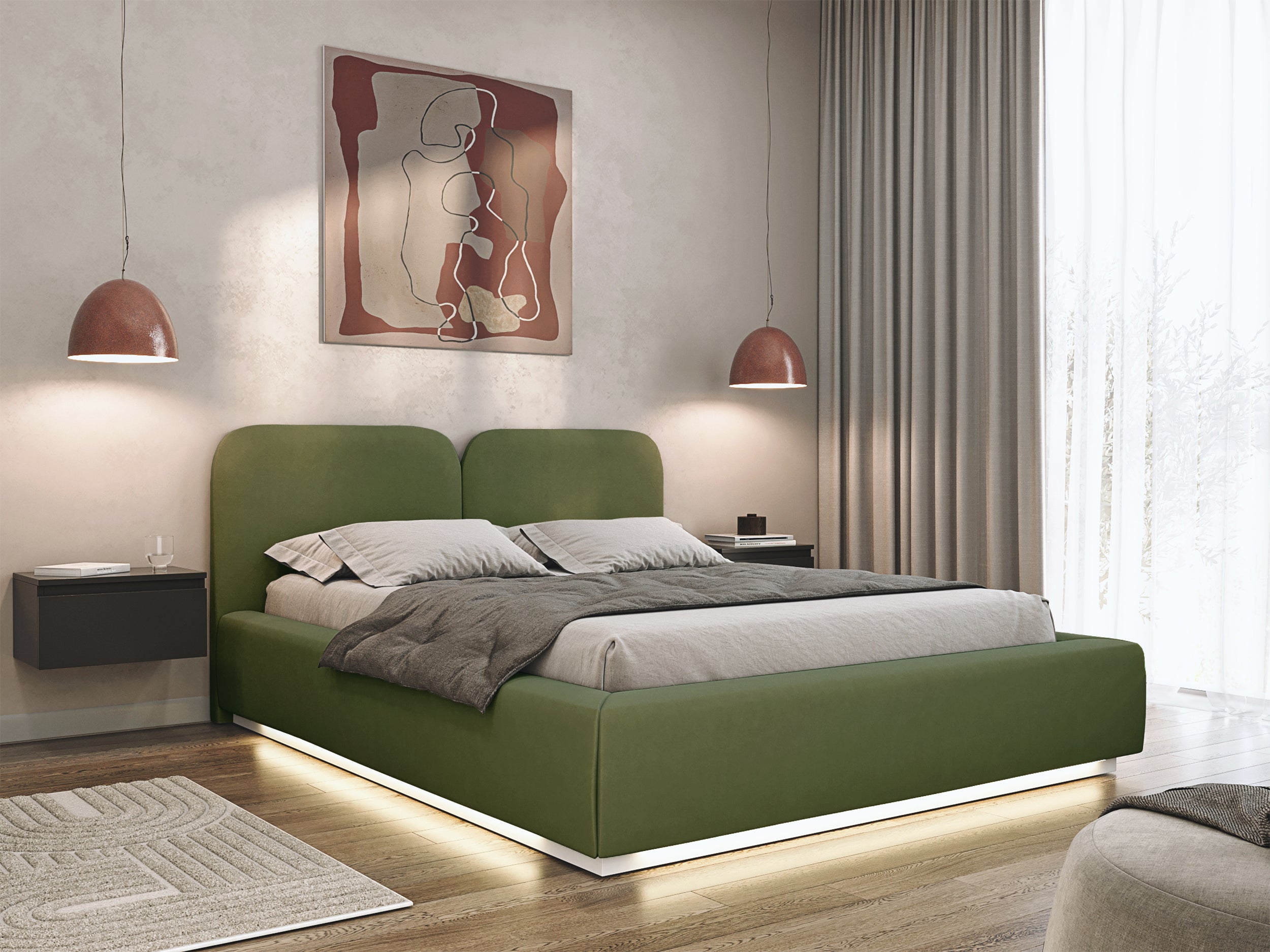 Łóżko tapicerowane 160x200 cm Comoves z oświetleniem LED oliwkowe welur