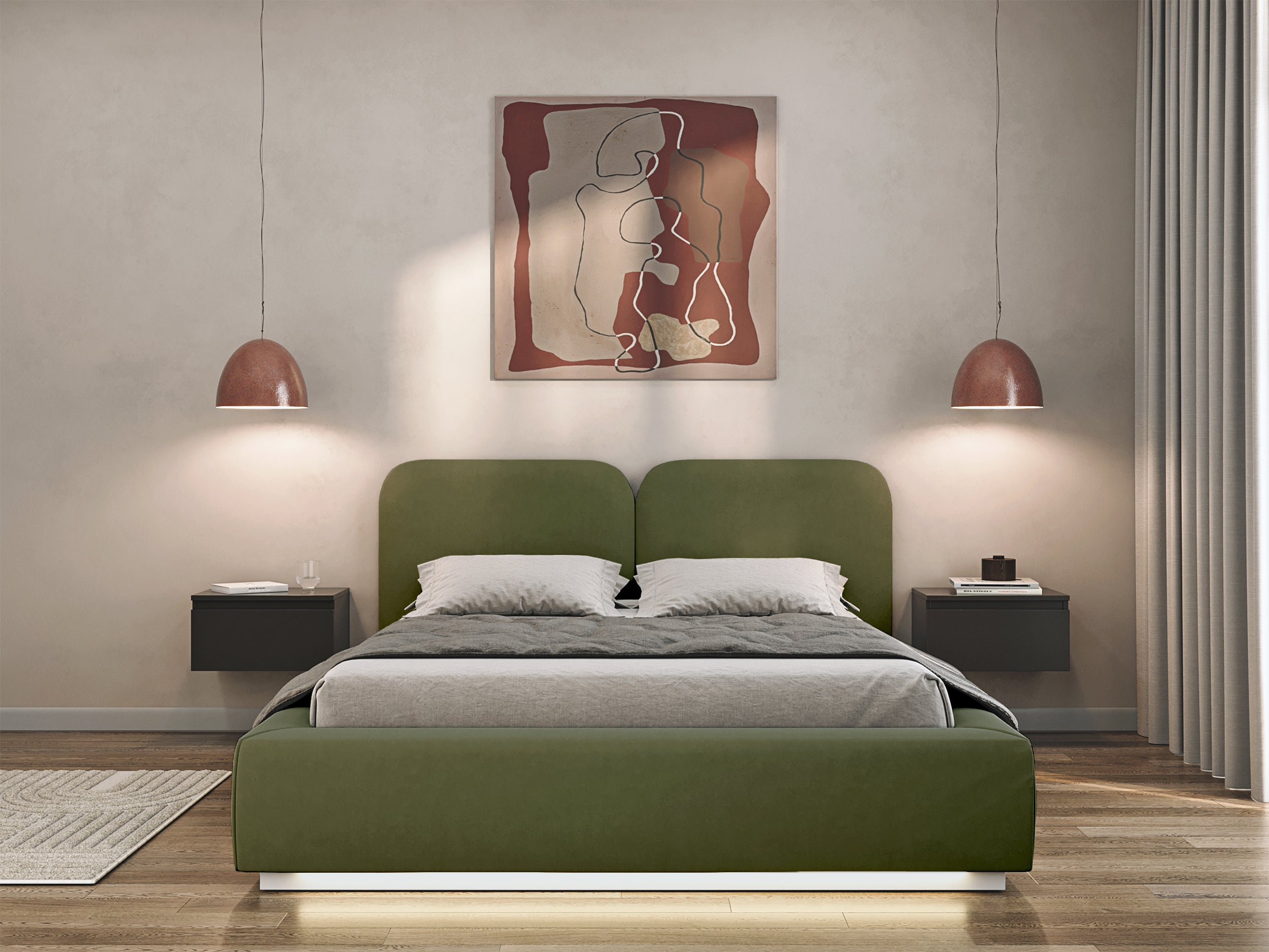 Łóżko tapicerowane 140x200 cm Comoves z pojemnikiem i oświetleniem LED stelaż metalowy oliwkowe welur