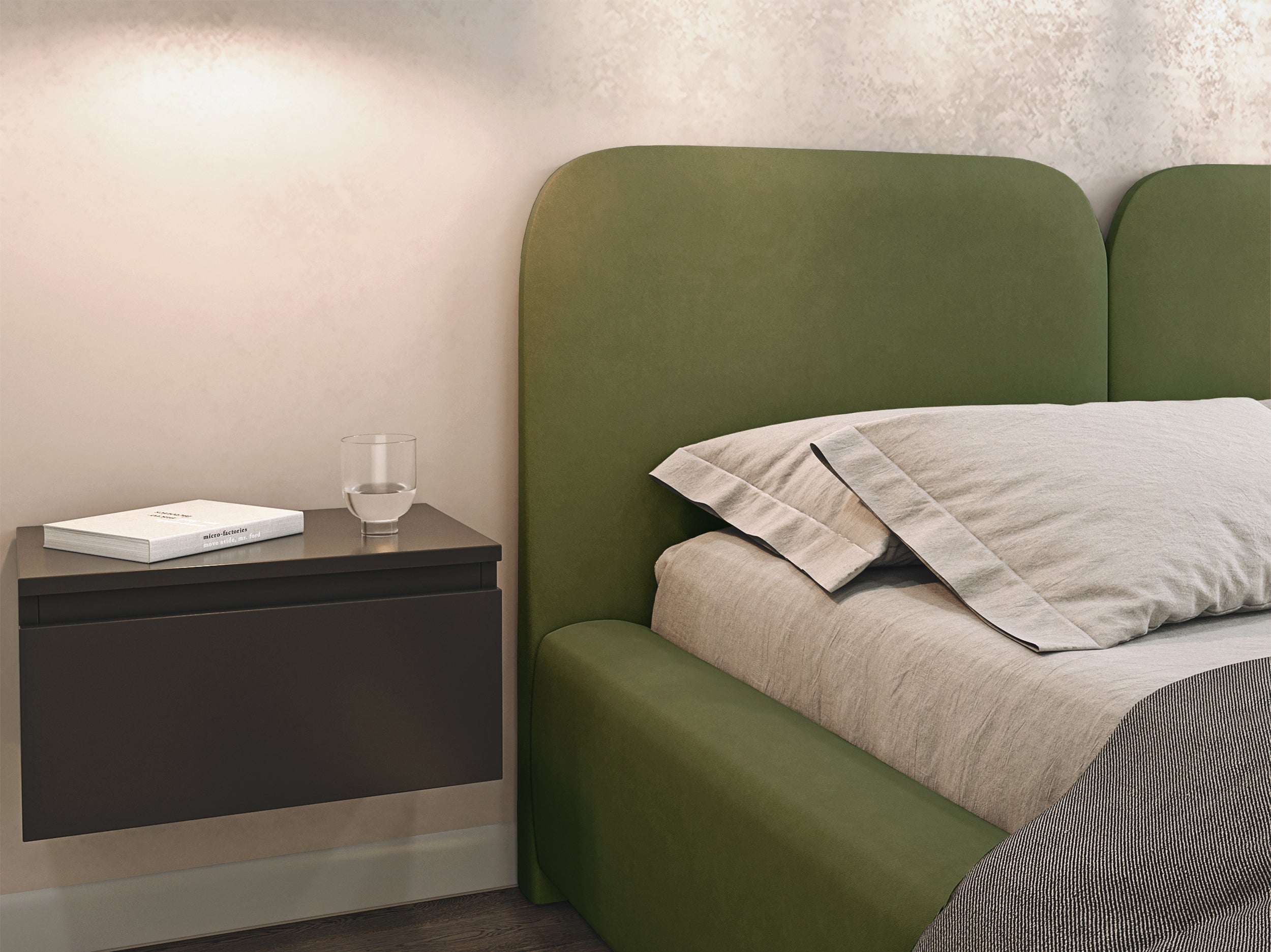 Łóżko tapicerowane 160x200 cm Comoves z oświetleniem LED oliwkowe welur
