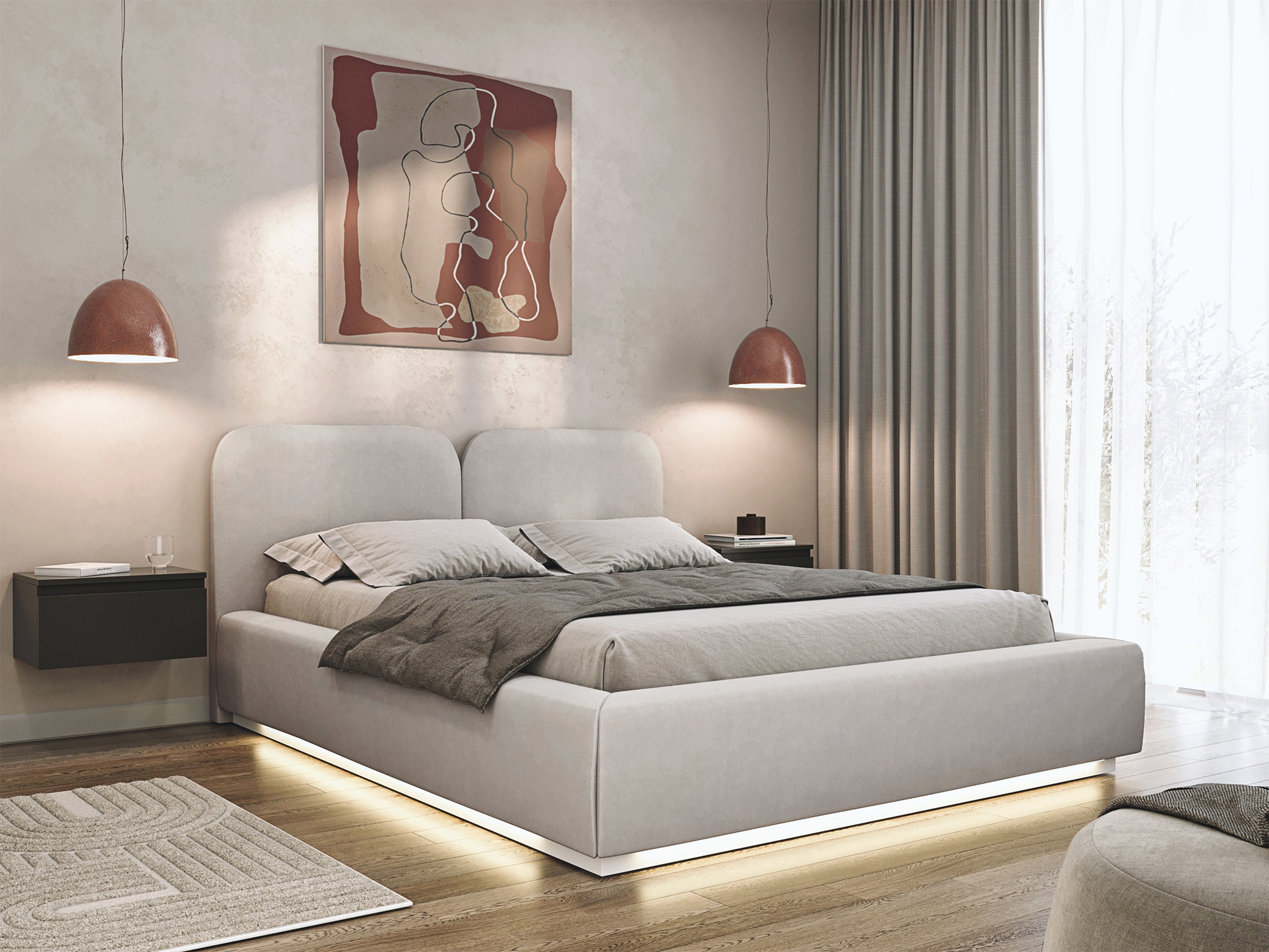 Łóżko tapicerowane 160x200 cm Comoves z oświetleniem LED szarobeżowe welur