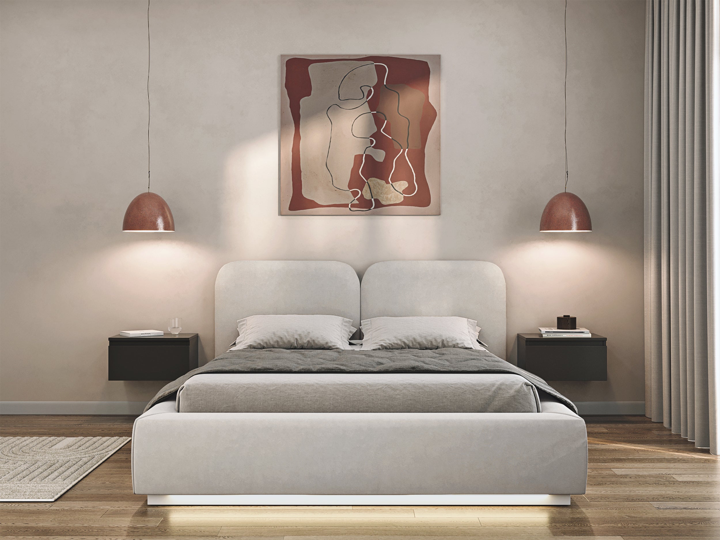 Łóżko tapicerowane 160x200 cm Comoves z oświetleniem LED szarobeżowe welur