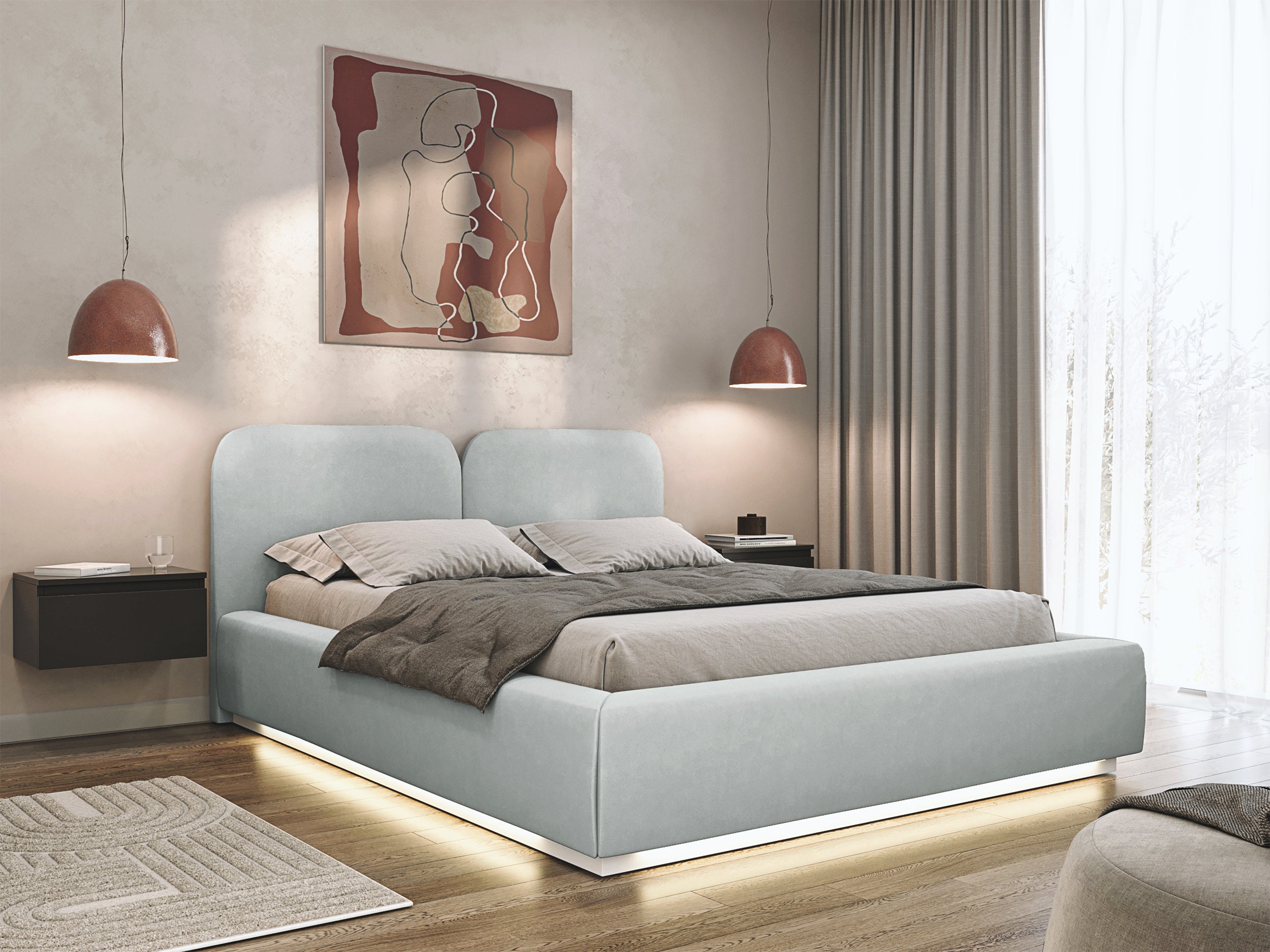 Łóżko tapicerowane 140x200 cm Comoves z pojemnikiem i oświetleniem LED stelaż metalowy jasnoszare welur