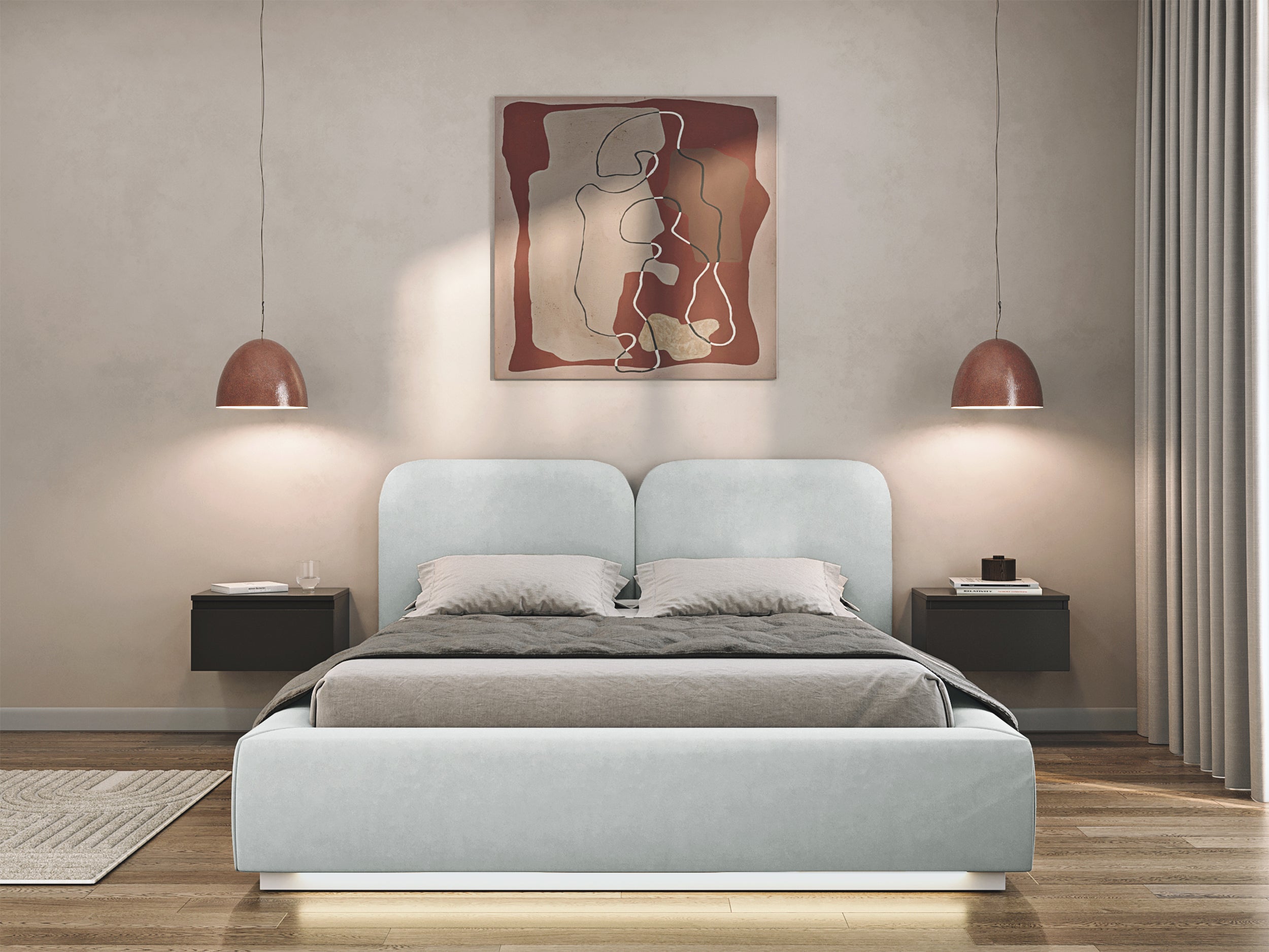 Łóżko tapicerowane 140x200 cm Comoves z pojemnikiem i oświetleniem LED stelaż metalowy jasnoszare welur