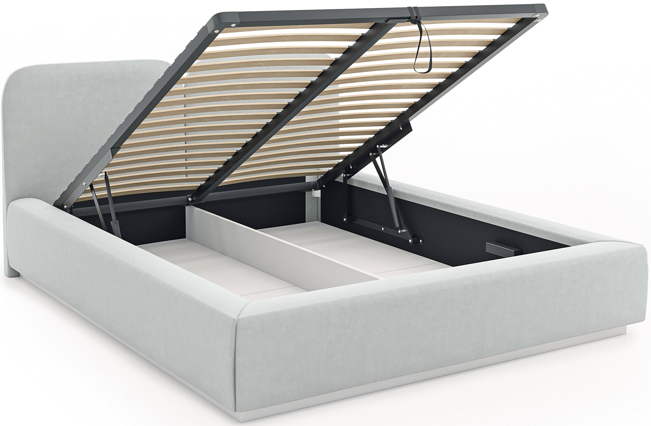 Łóżko tapicerowane 180x200 cm Comoves z pojemnikiem i oświetleniem LED stelaż metalowy jasnoszare welur