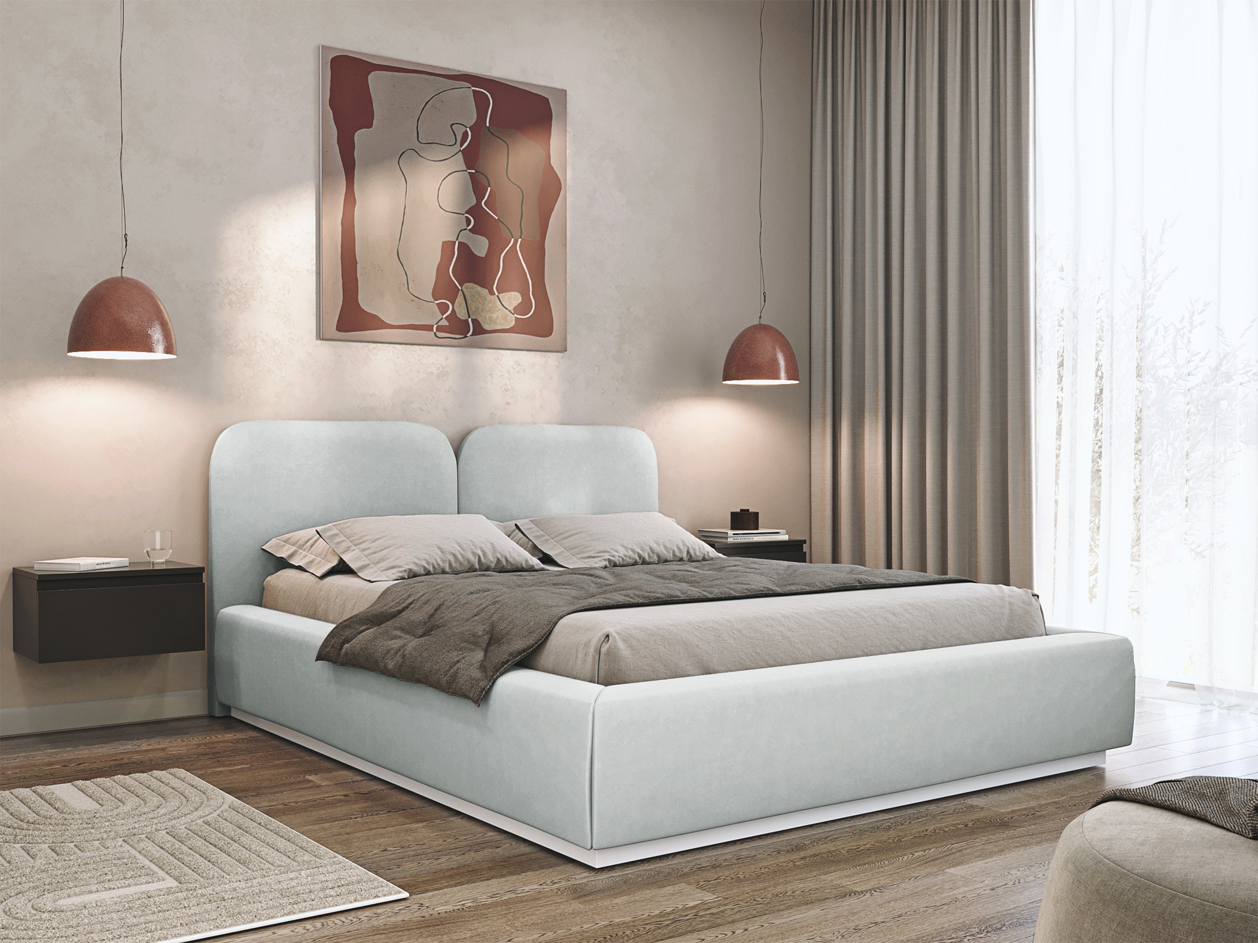 Łóżko tapicerowane 160x200 cm Comoves z pojemnikiem stelaż metalowy jasnoszare welur