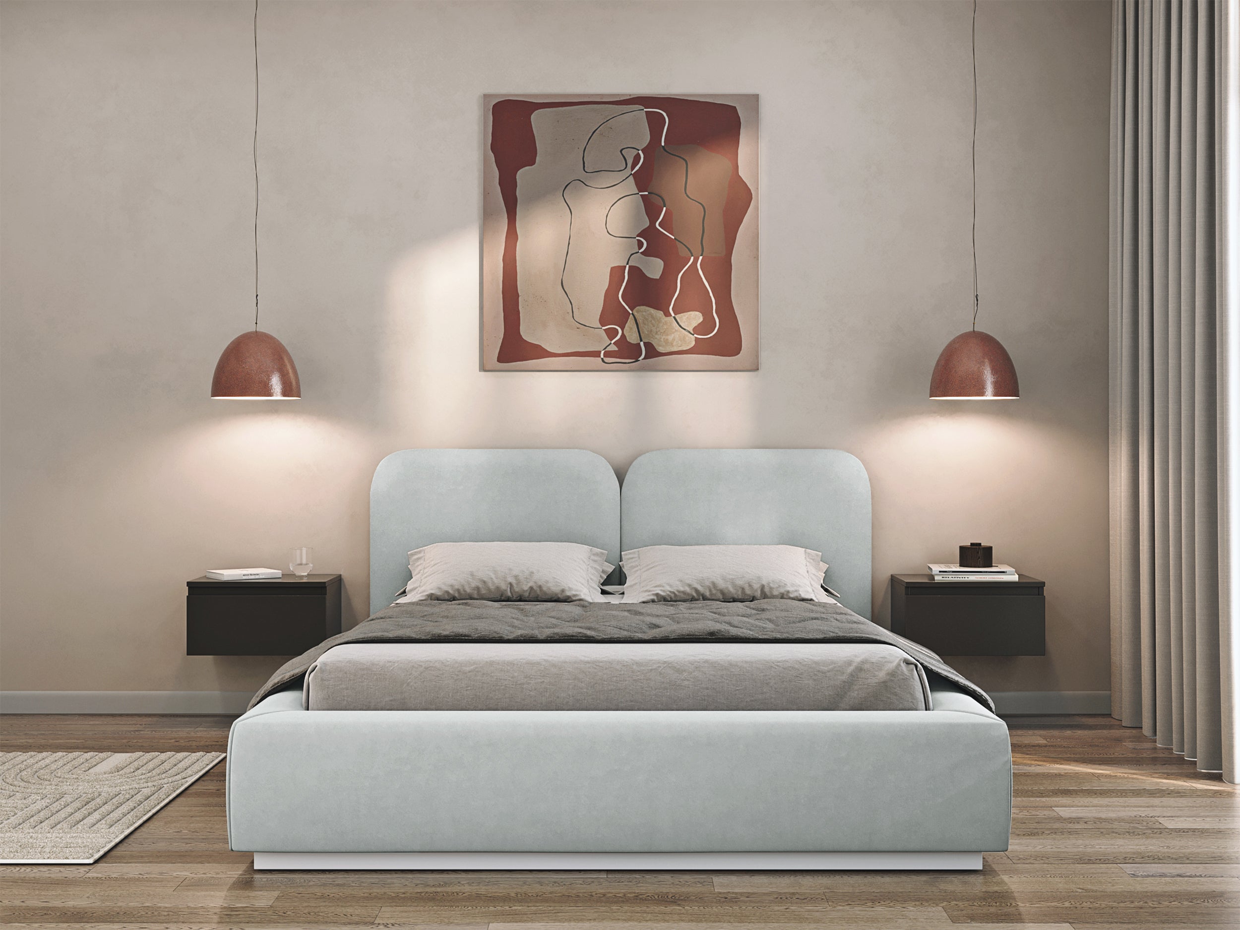 Łóżko tapicerowane 140x200 cm Comoves z pojemnikiem stelaż metalowy jasnoszare welur