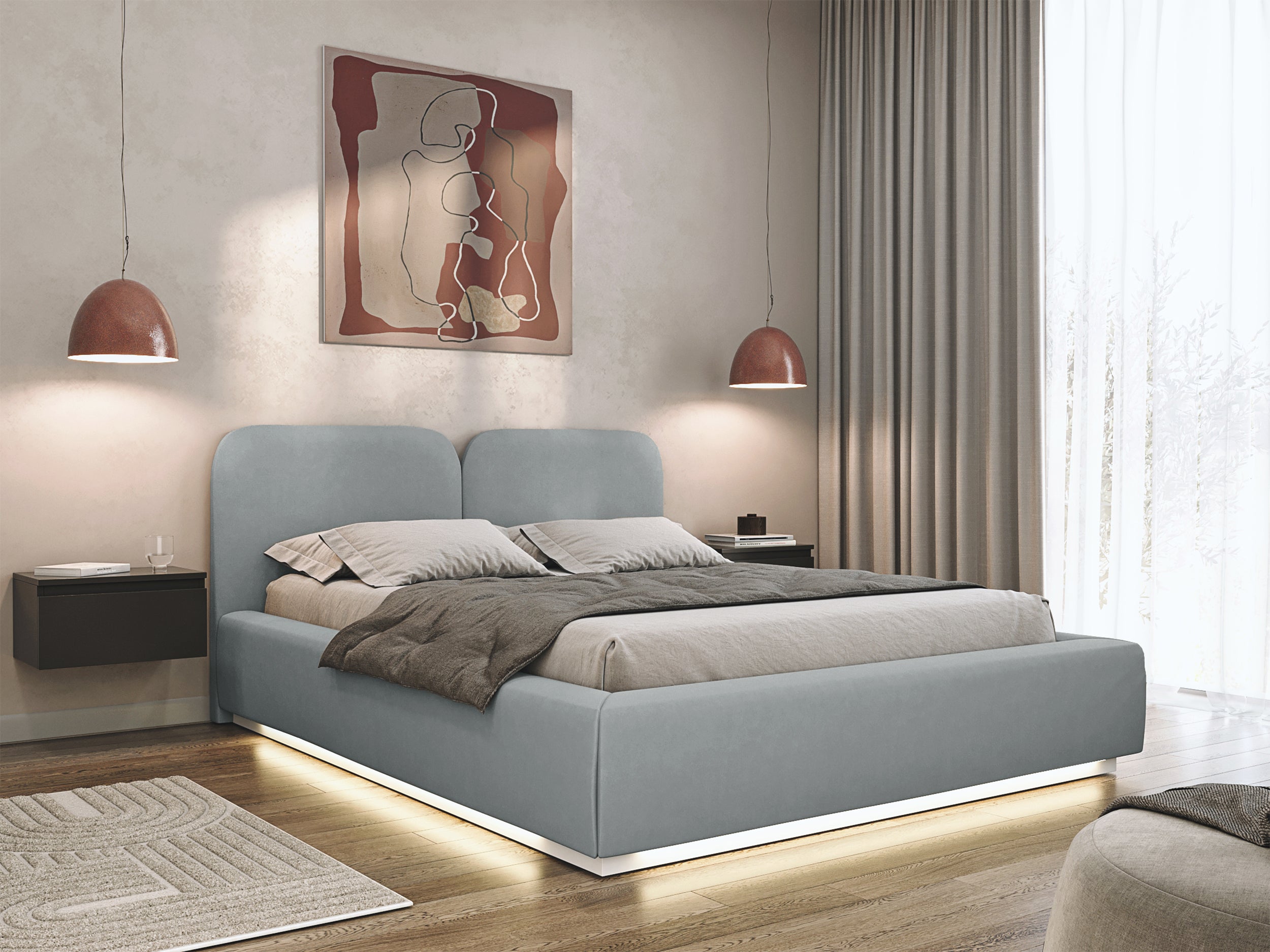 Łóżko tapicerowane 160x200 cm Comoves z oświetleniem LED szare welur