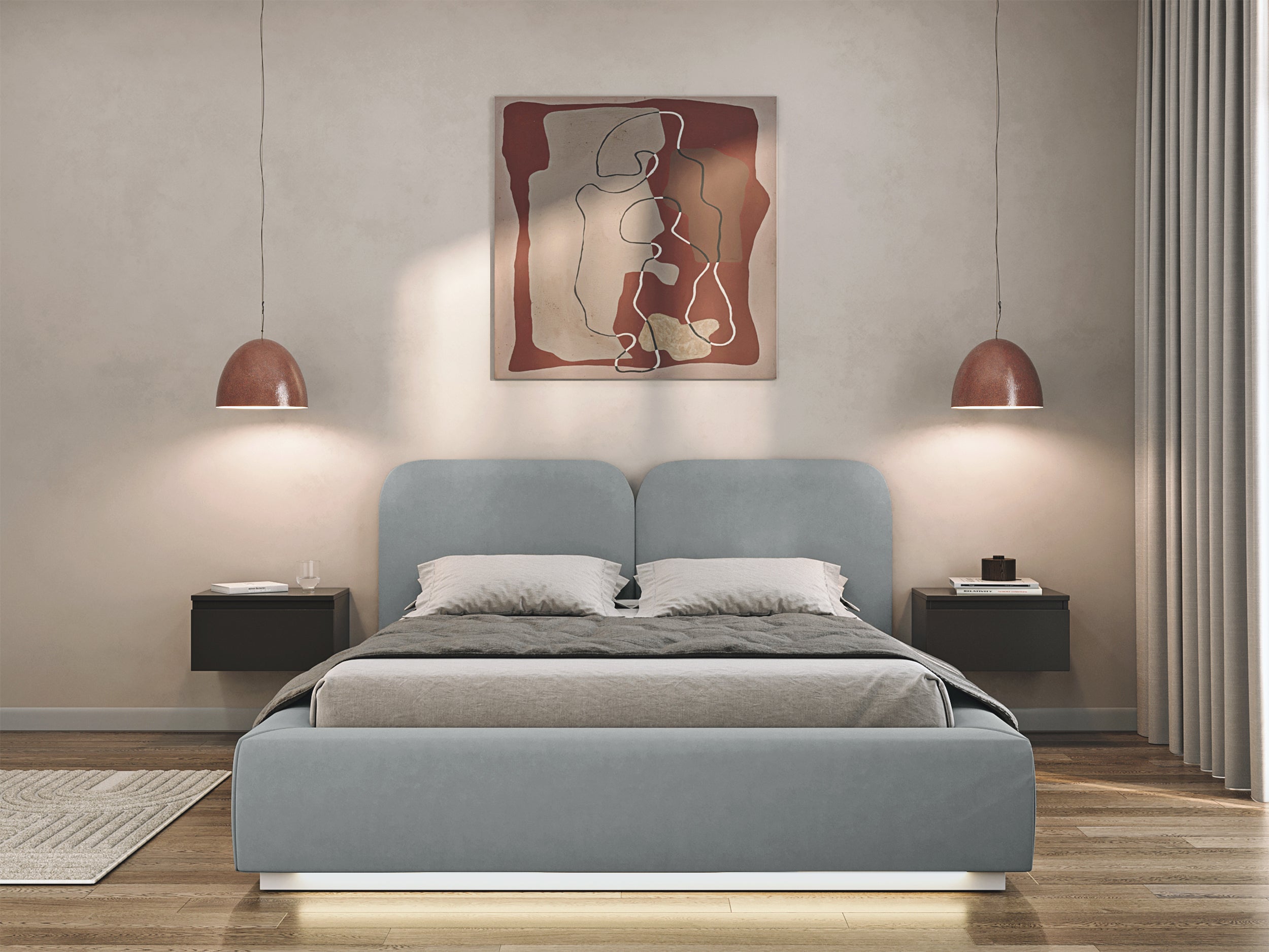 Łóżko tapicerowane 140x200 cm Comoves z oświetleniem LED szare welur
