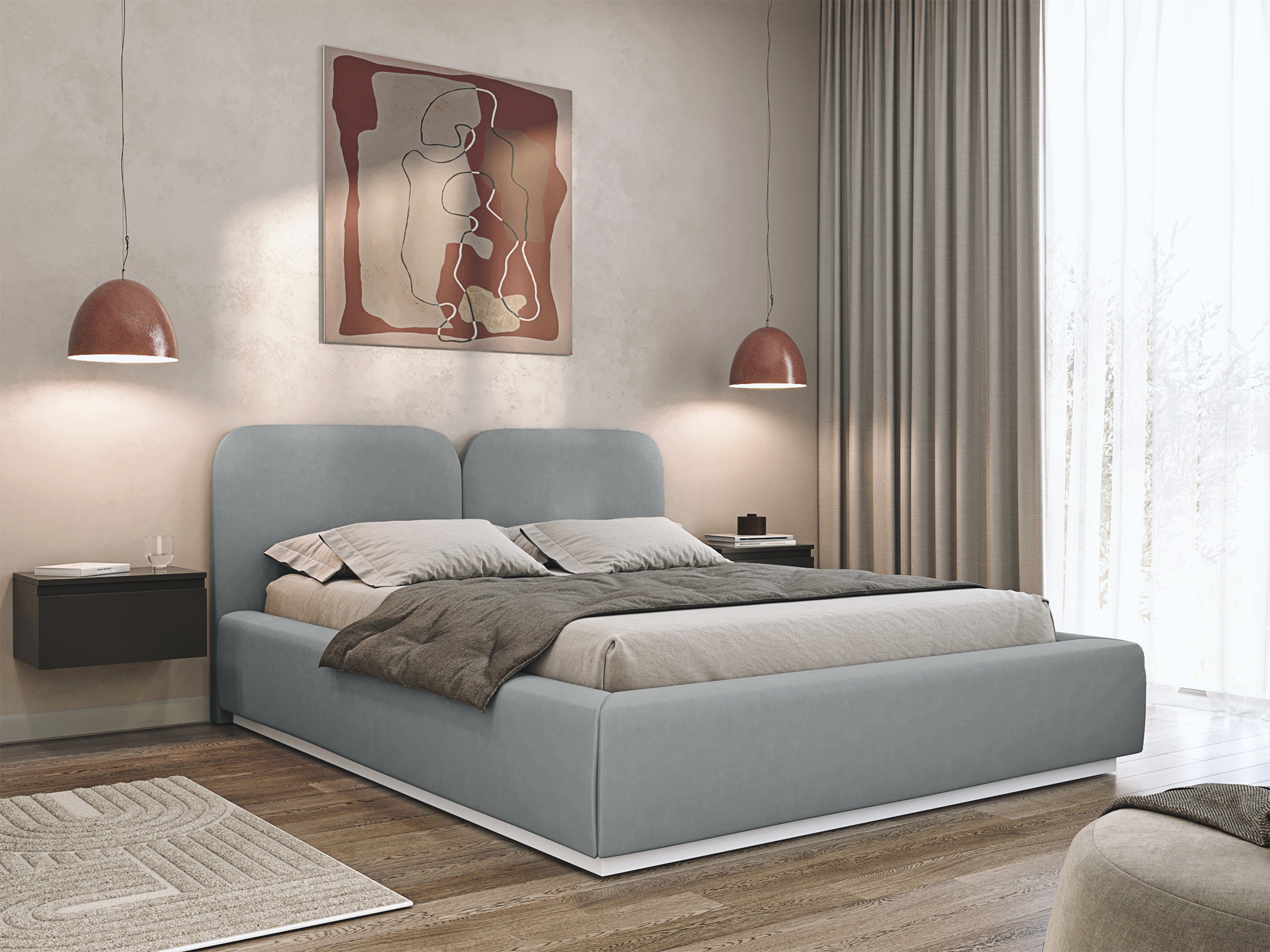 Łóżko tapicerowane 160x200 cm Comoves z pojemnikiem stelaż metalowy szare welur