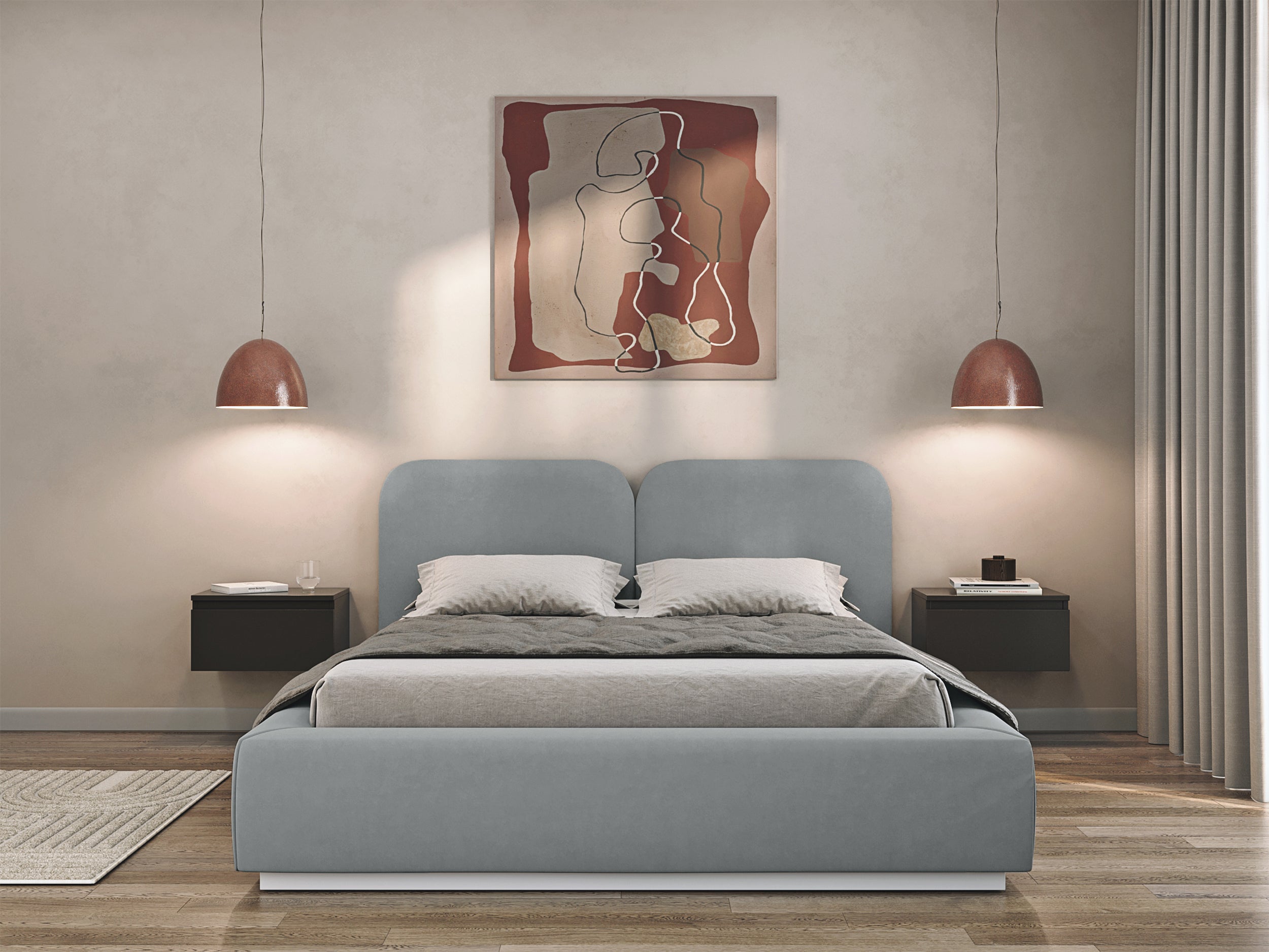 Łóżko tapicerowane 140x200 cm Comoves z pojemnikiem stelaż metalowy szare welur