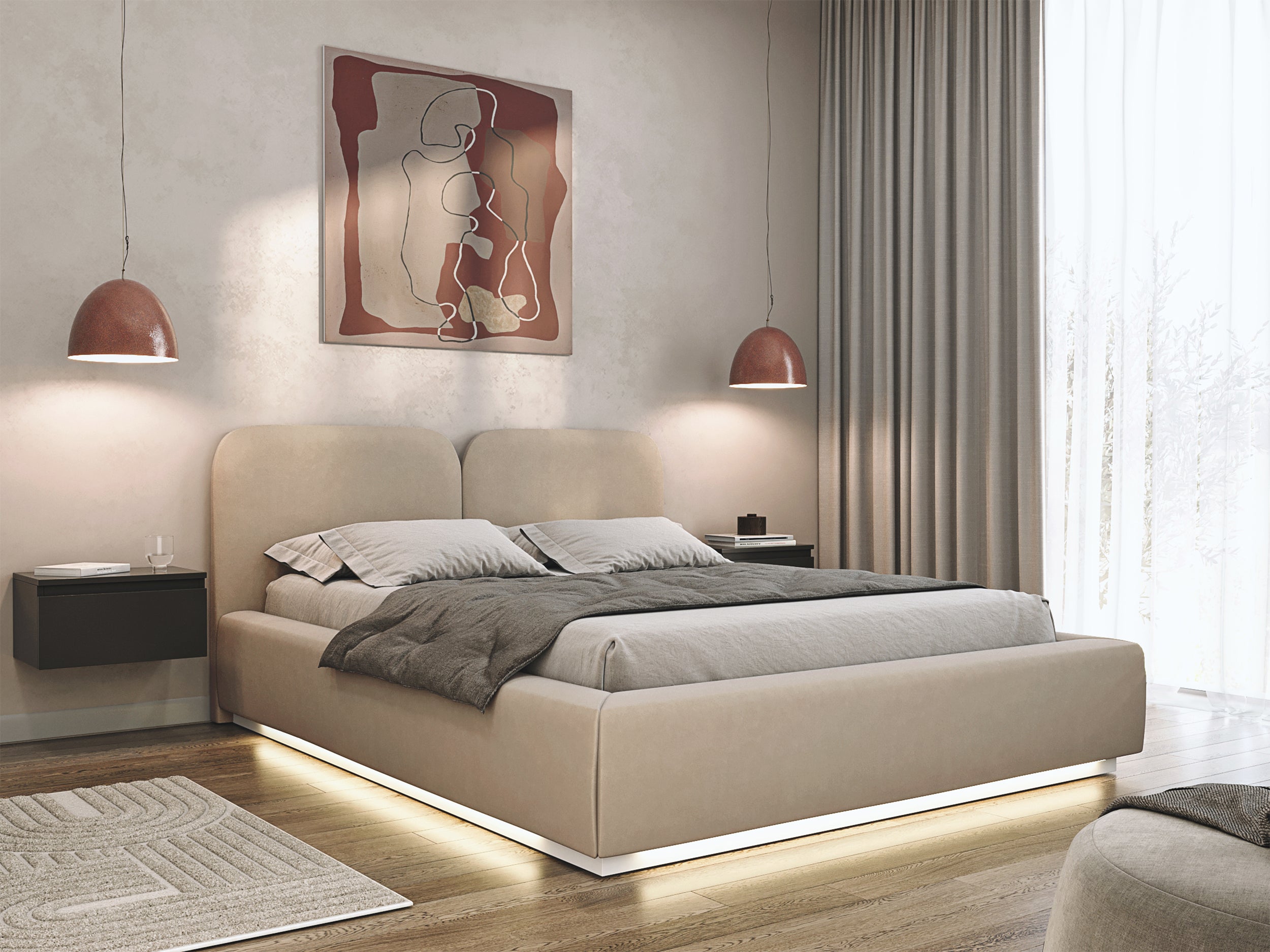 Łóżko tapicerowane 160x200 cm Comoves z pojemnikiem i oświetleniem LED stelaż metalowy jasnobeżowe welur